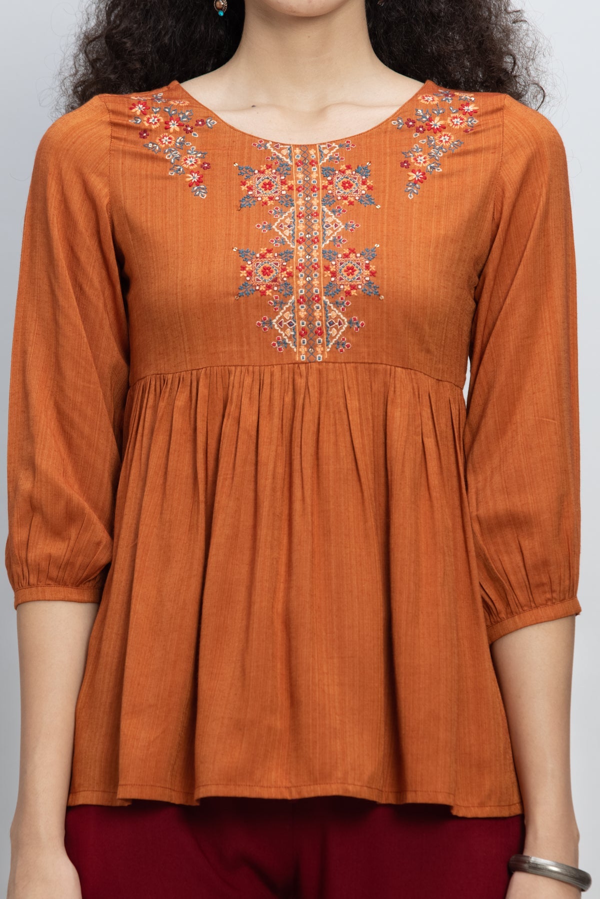 Rust Orange Yoke Embroidered A-Line Top