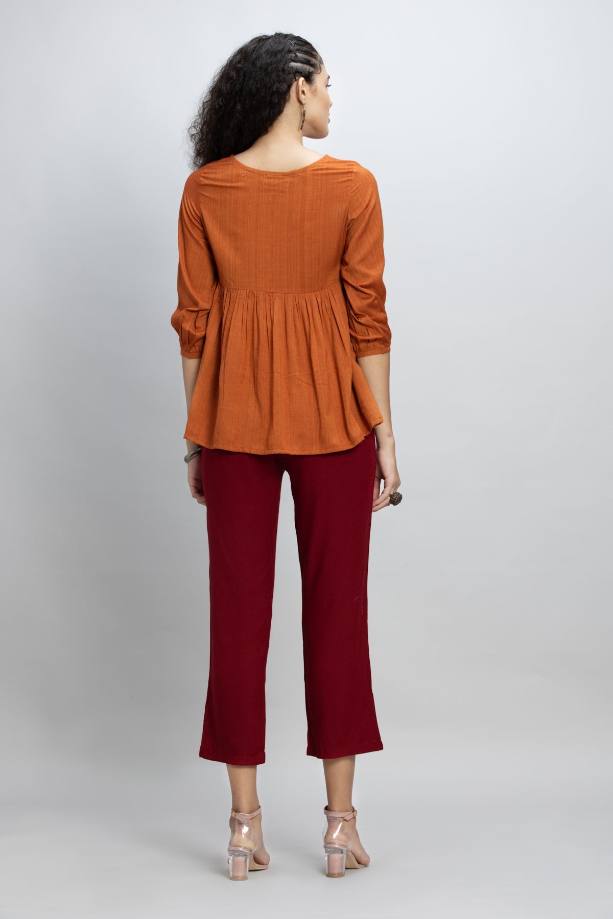 Rust Orange Yoke Embroidered A-Line Top