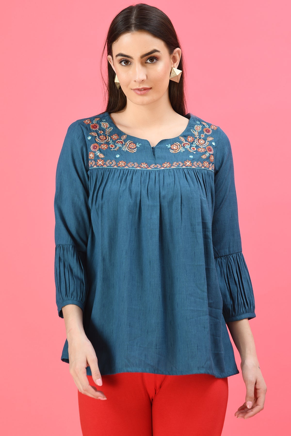 Teal Blue A-Line Yoke Embroidered Top