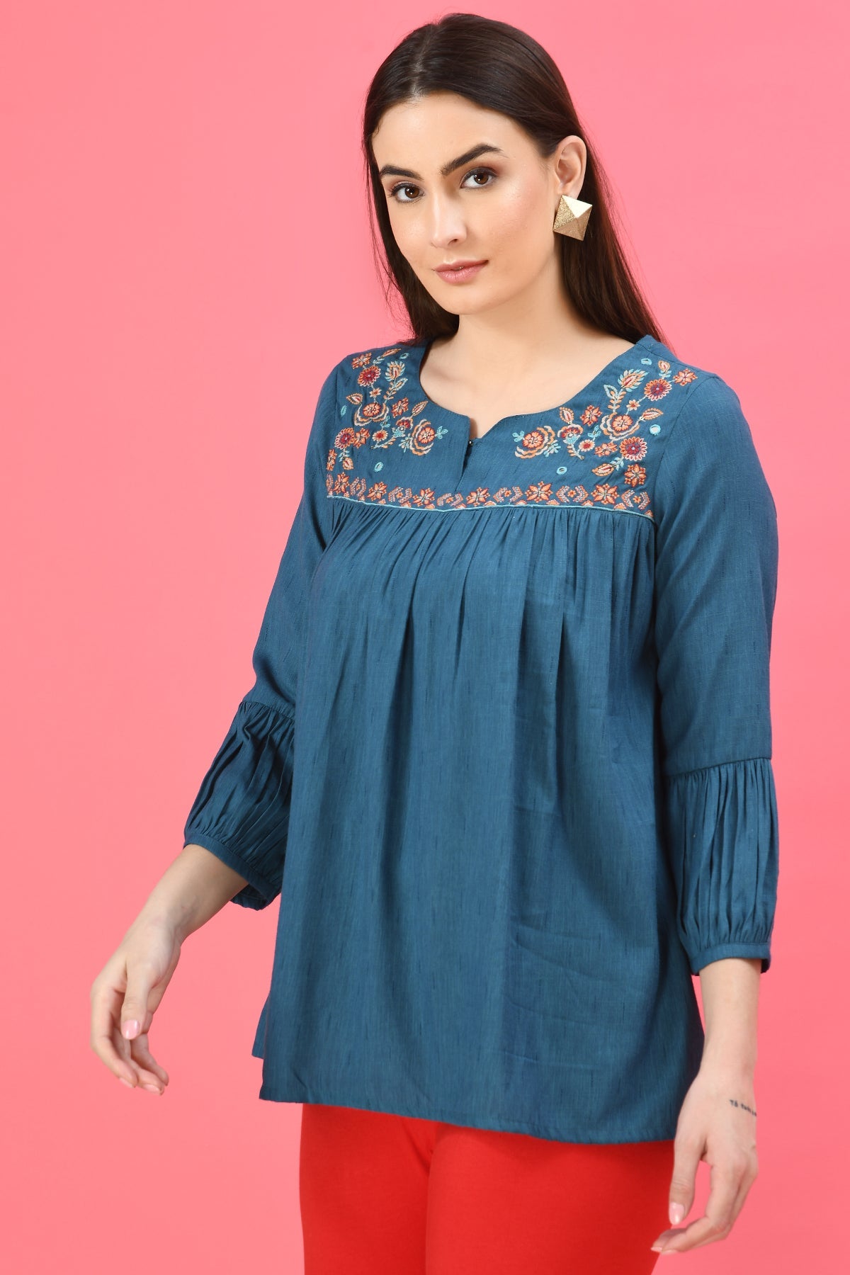 Teal Blue A-Line Yoke Embroidered Top