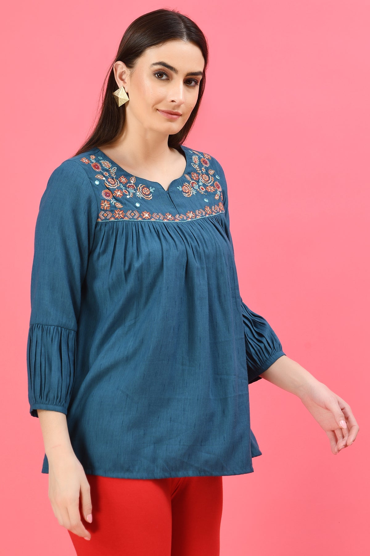 Teal Blue A-Line Yoke Embroidered Top