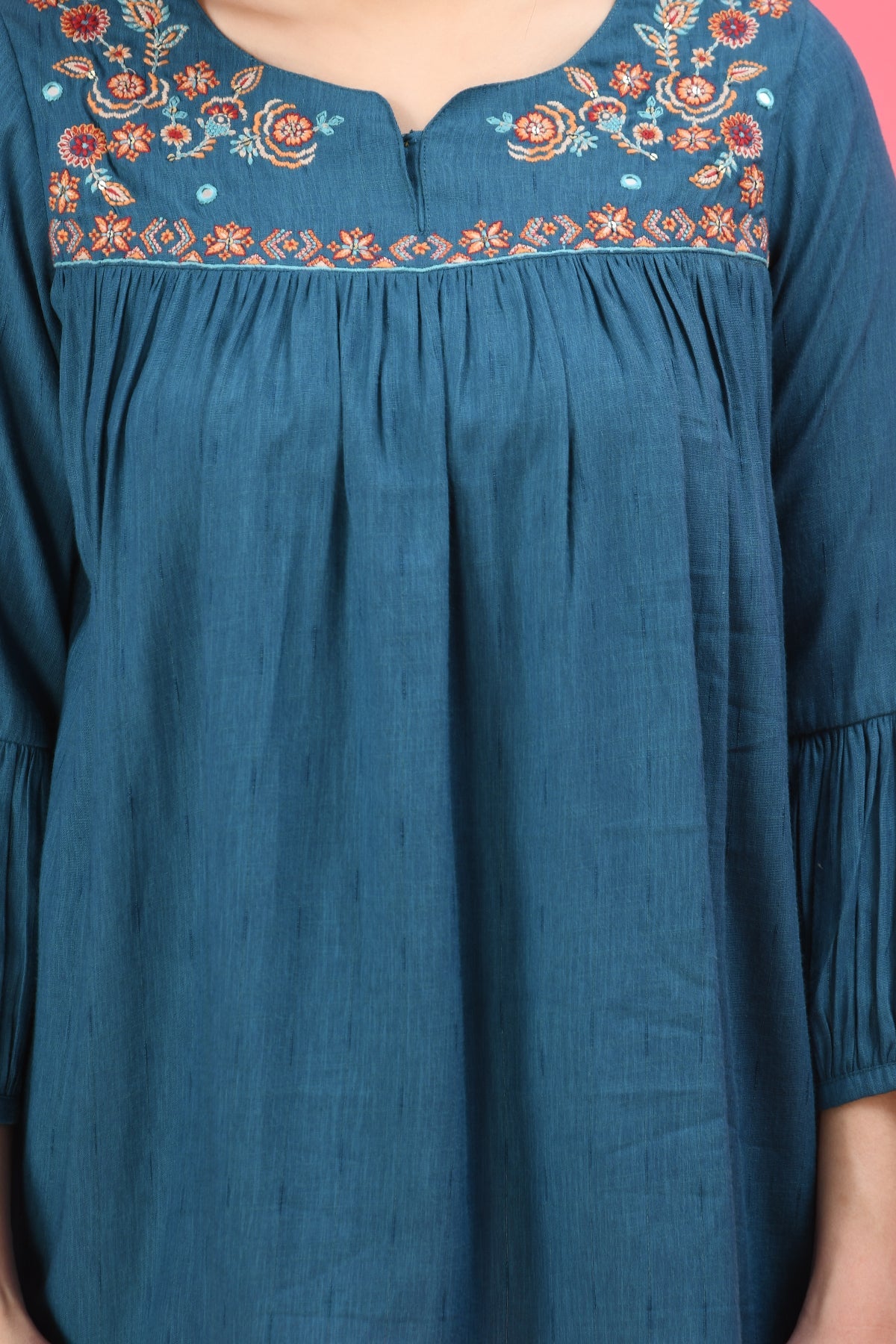 Teal Blue A-Line Yoke Embroidered Top
