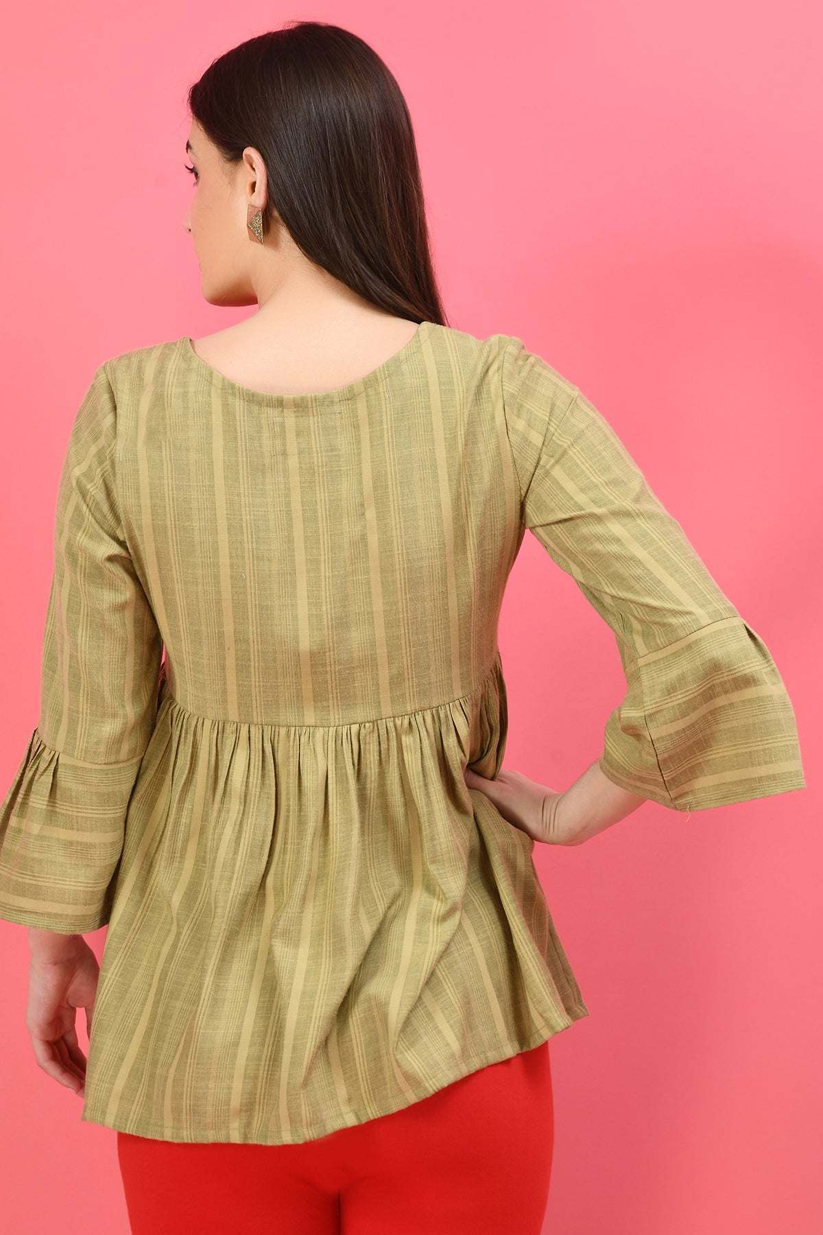 Green Yoke Embroidered Pleated Top