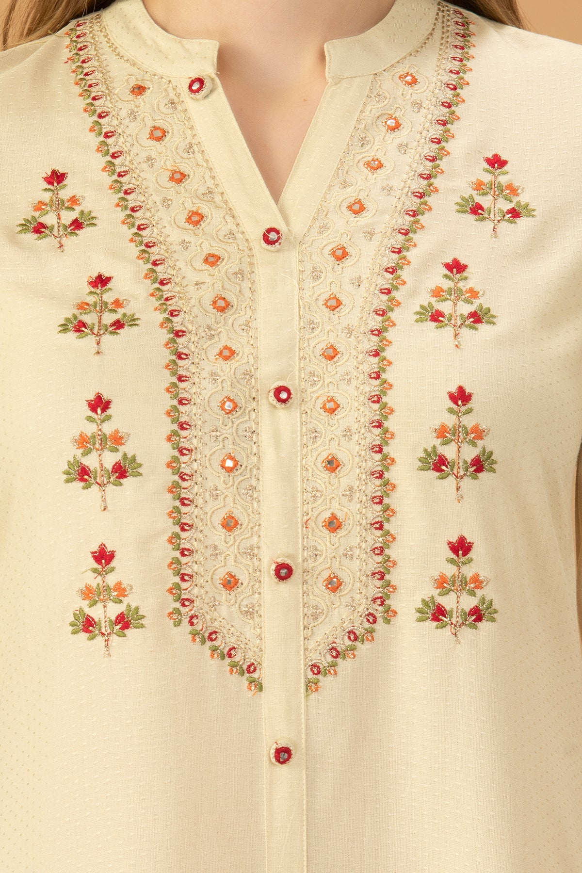 Cream Yoke Embroidered Kurta