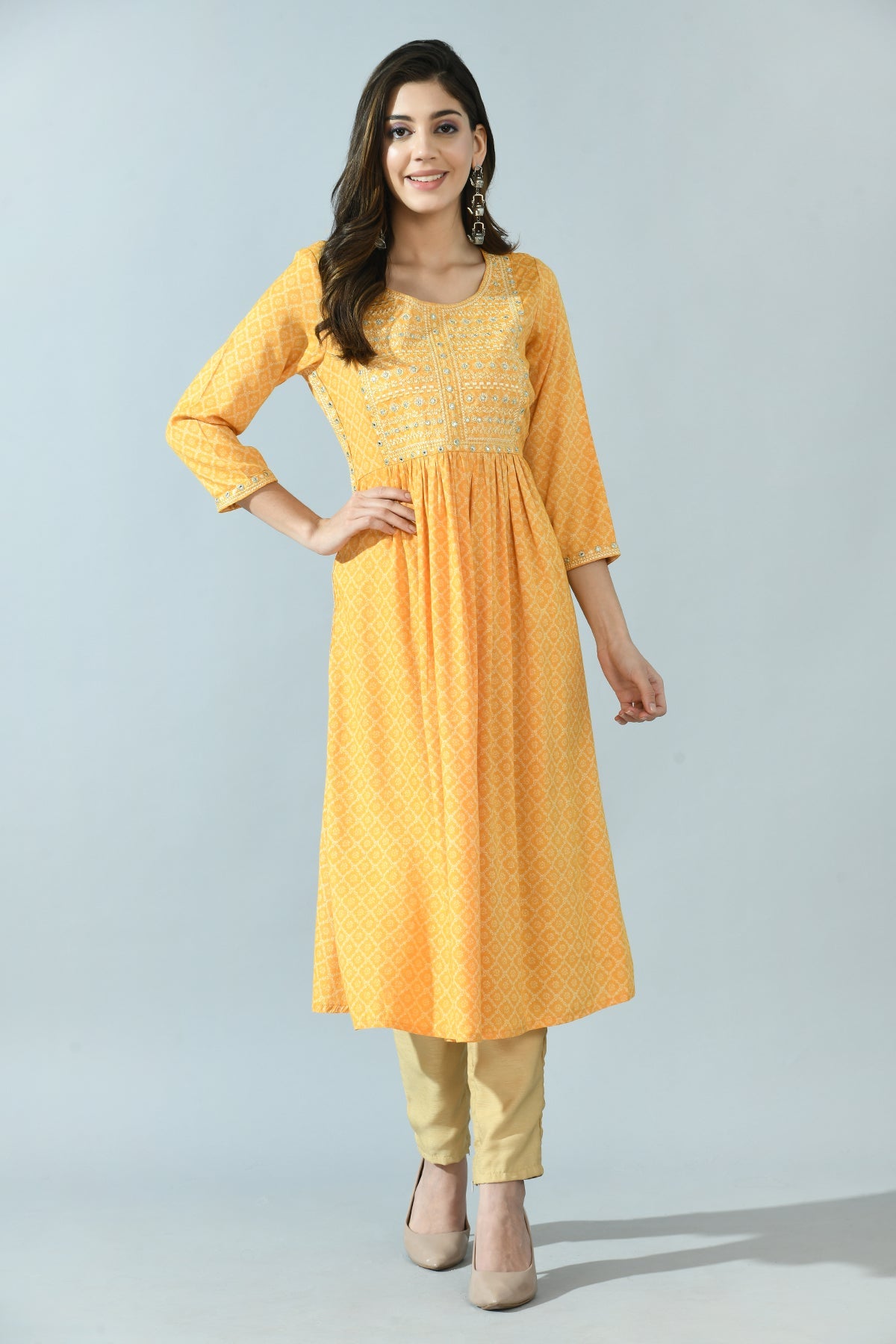 Yellow Print Yoke Embroidered Dress