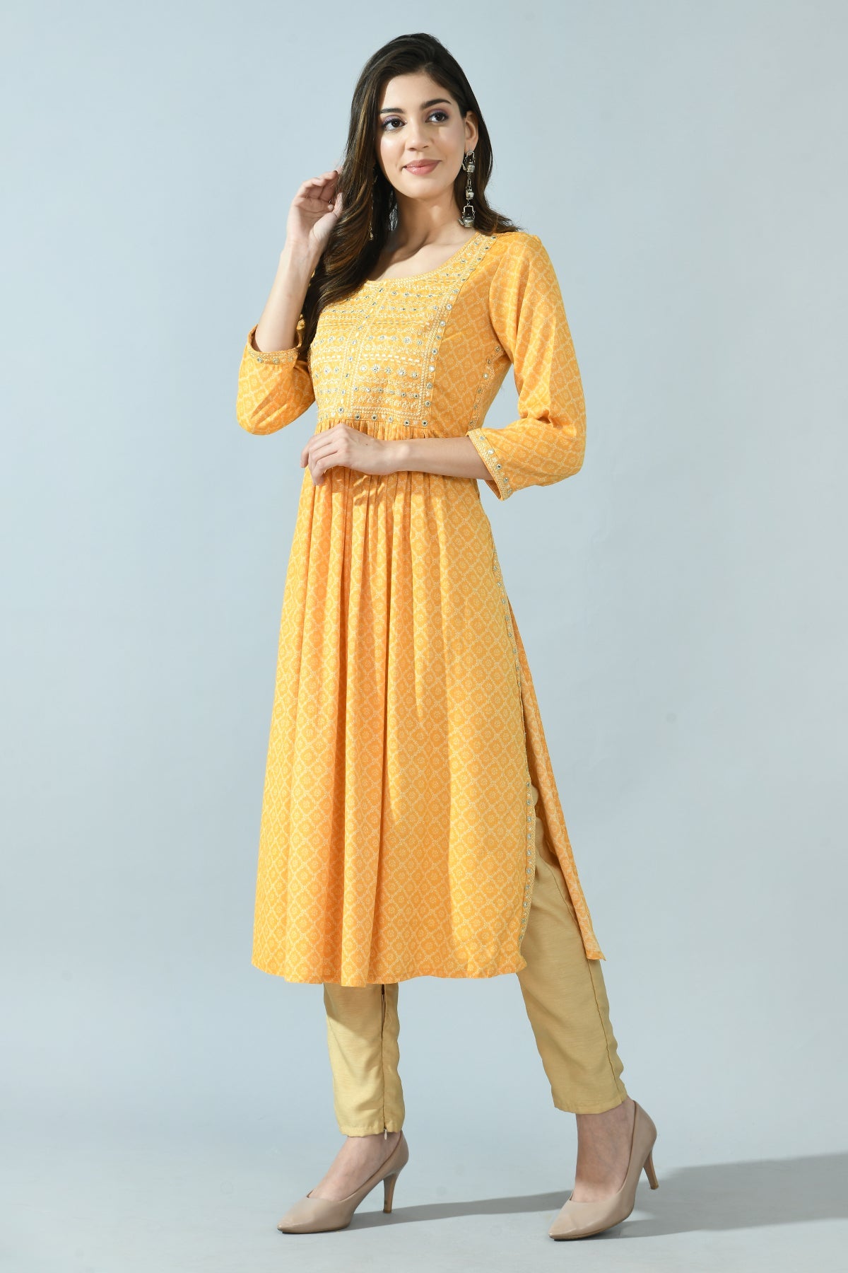 Yellow Print Yoke Embroidered Dress