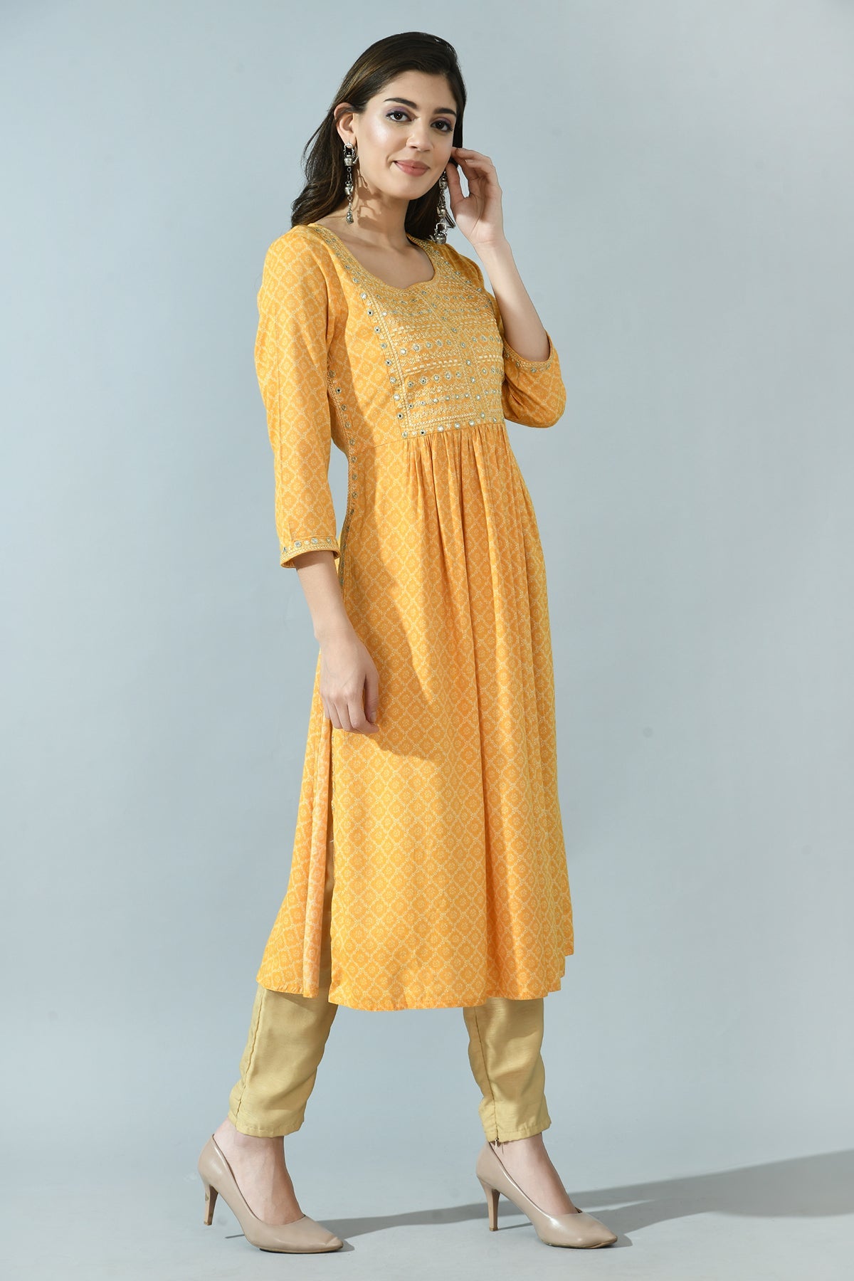 Yellow Print Yoke Embroidered Dress