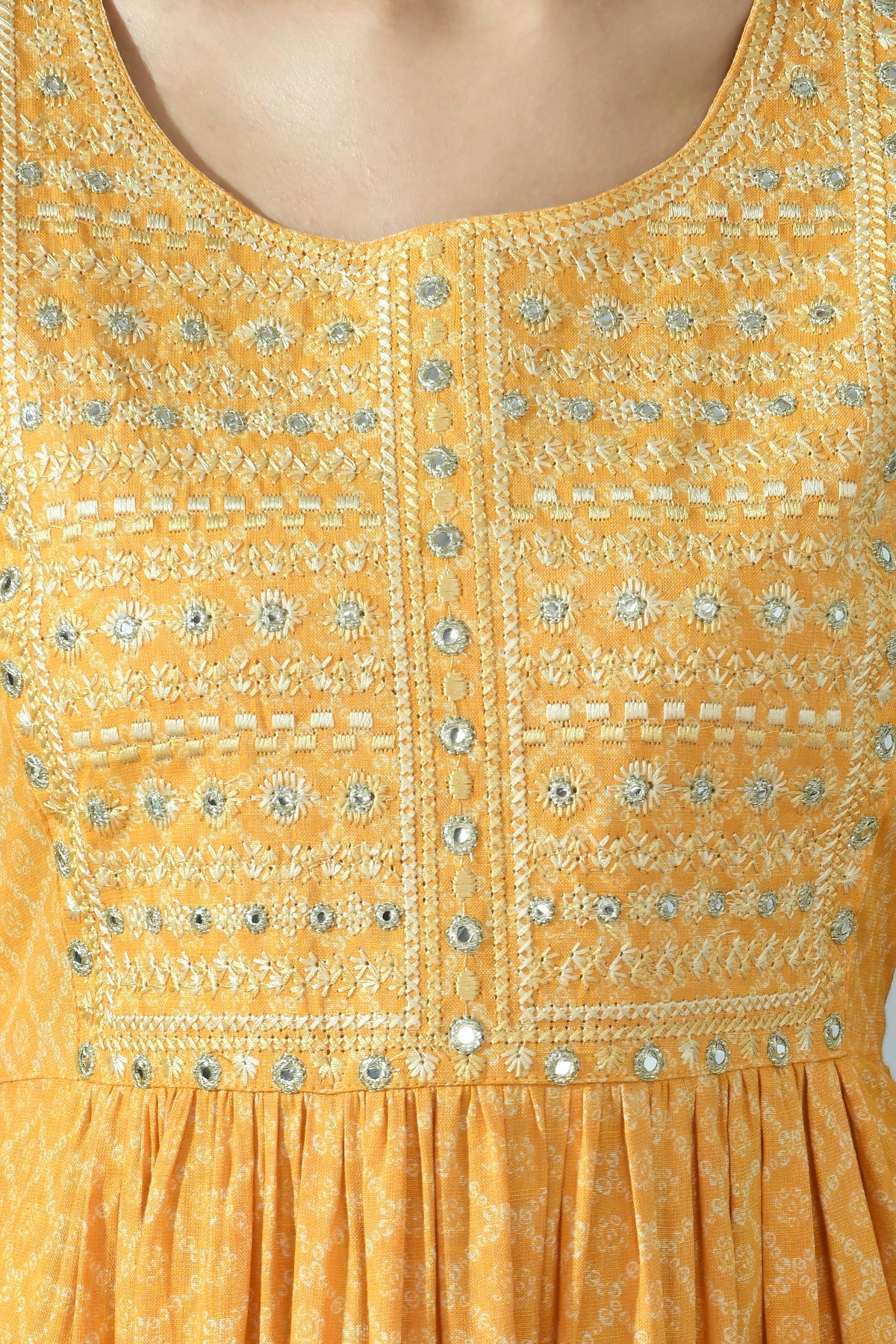 Yellow Print Yoke Embroidered Dress