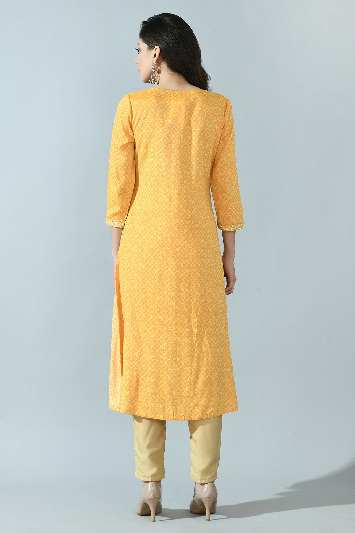 Yellow Print Yoke Embroidered Dress