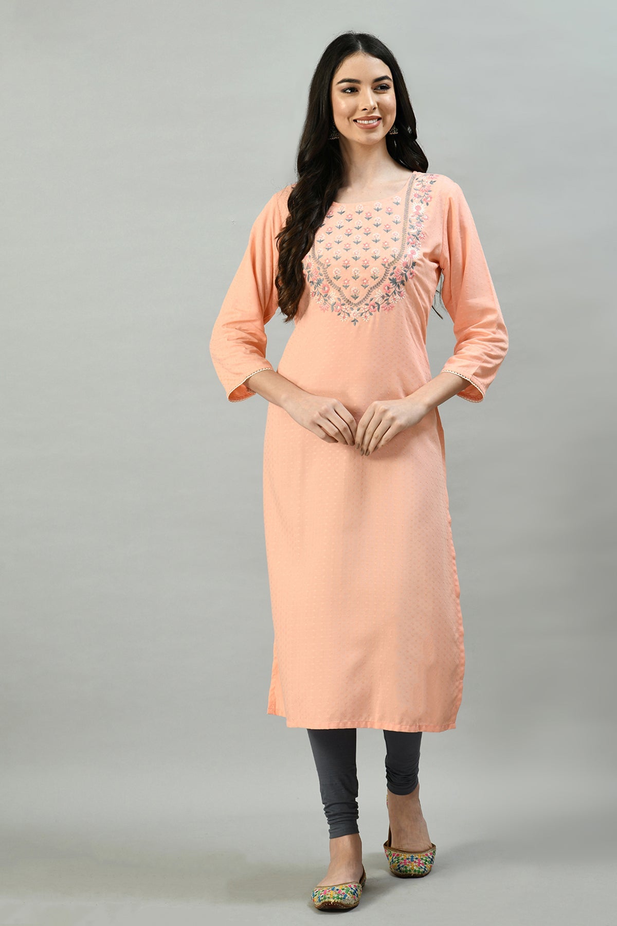 Peach Yoke Embroidered Kurta