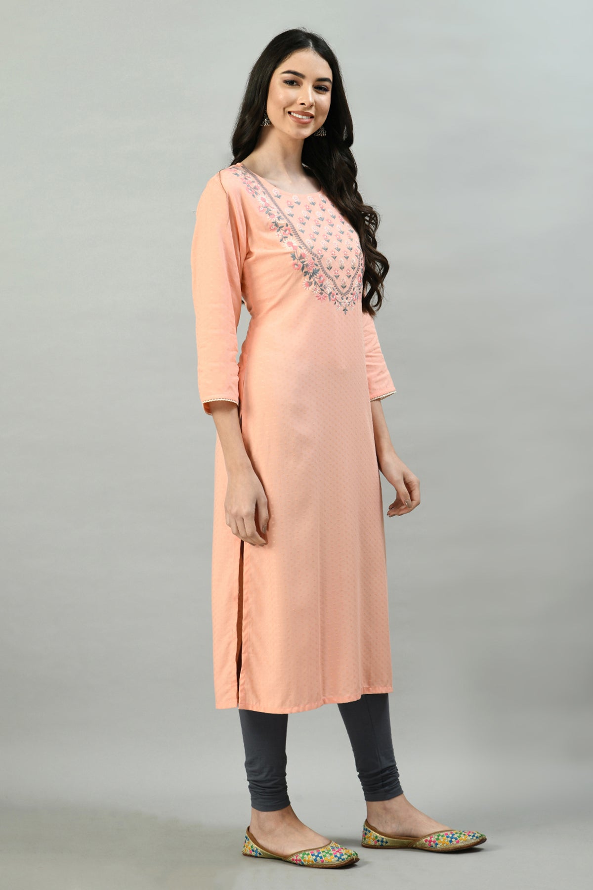 Peach Yoke Embroidered Kurta