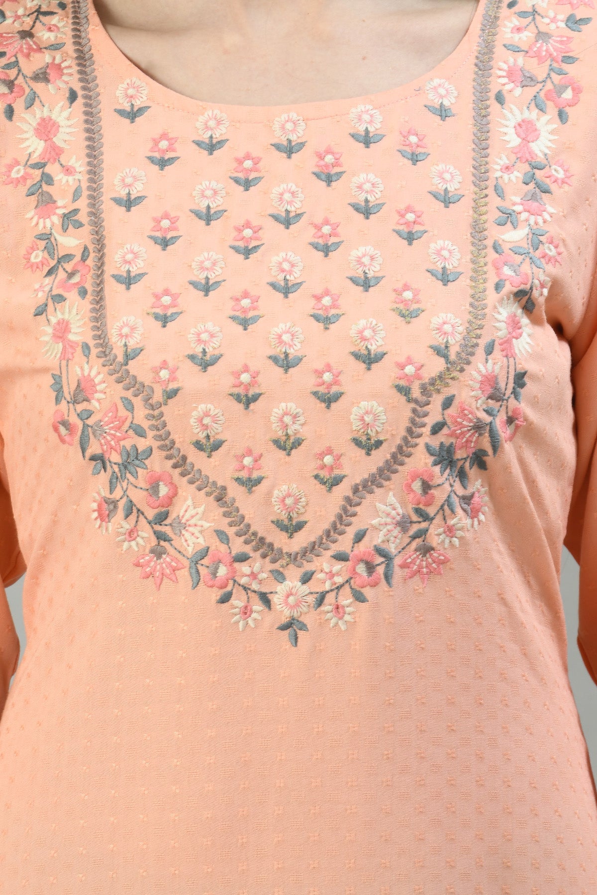 Peach Yoke Embroidered Kurta