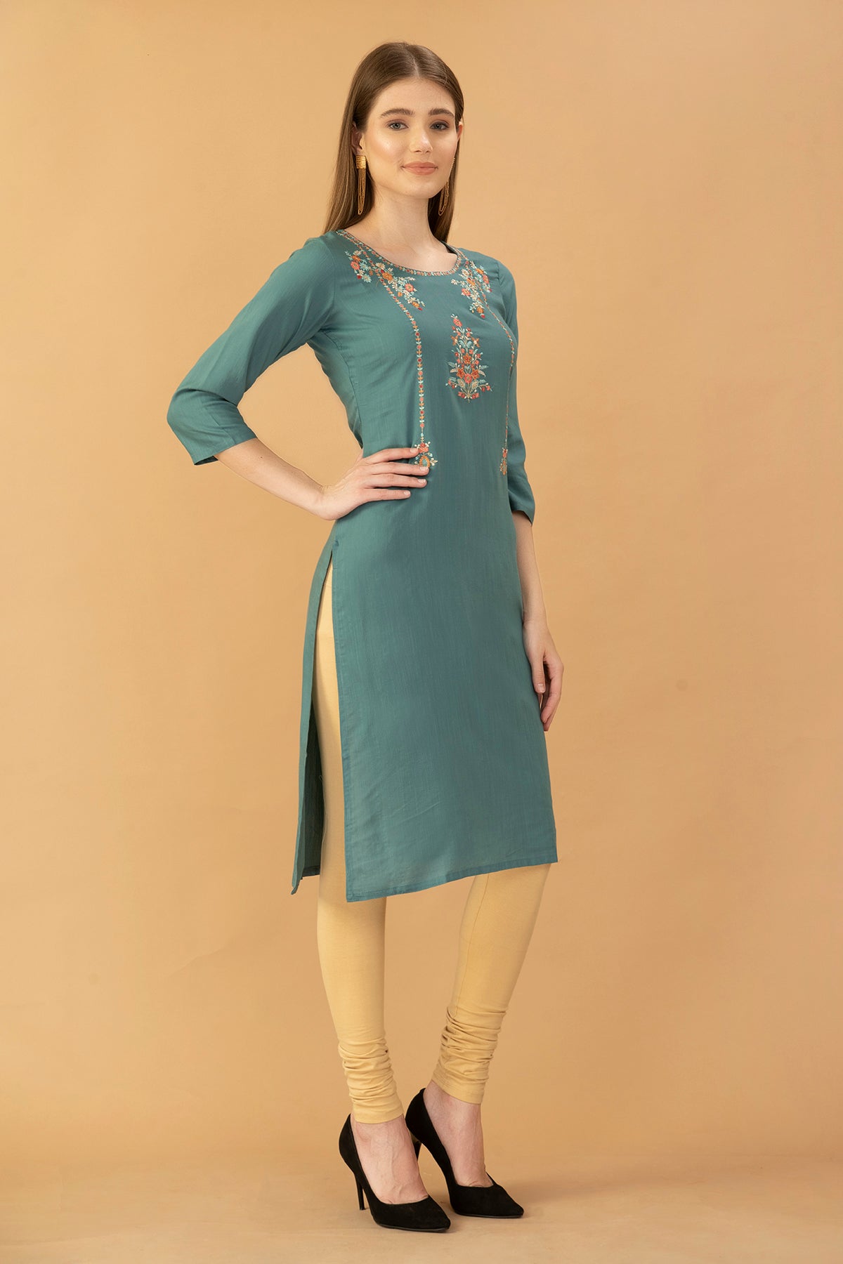 Turquoise Blue Embroidered Straight Kurta
