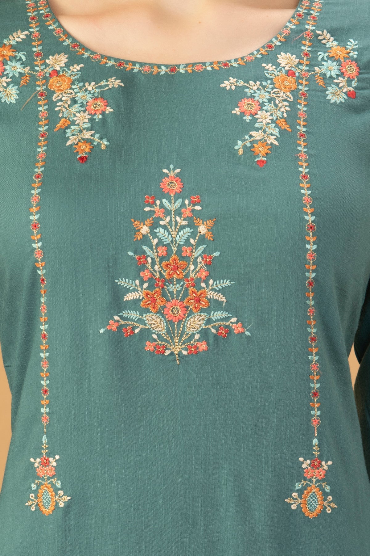Turquoise Blue Embroidered Straight Kurta