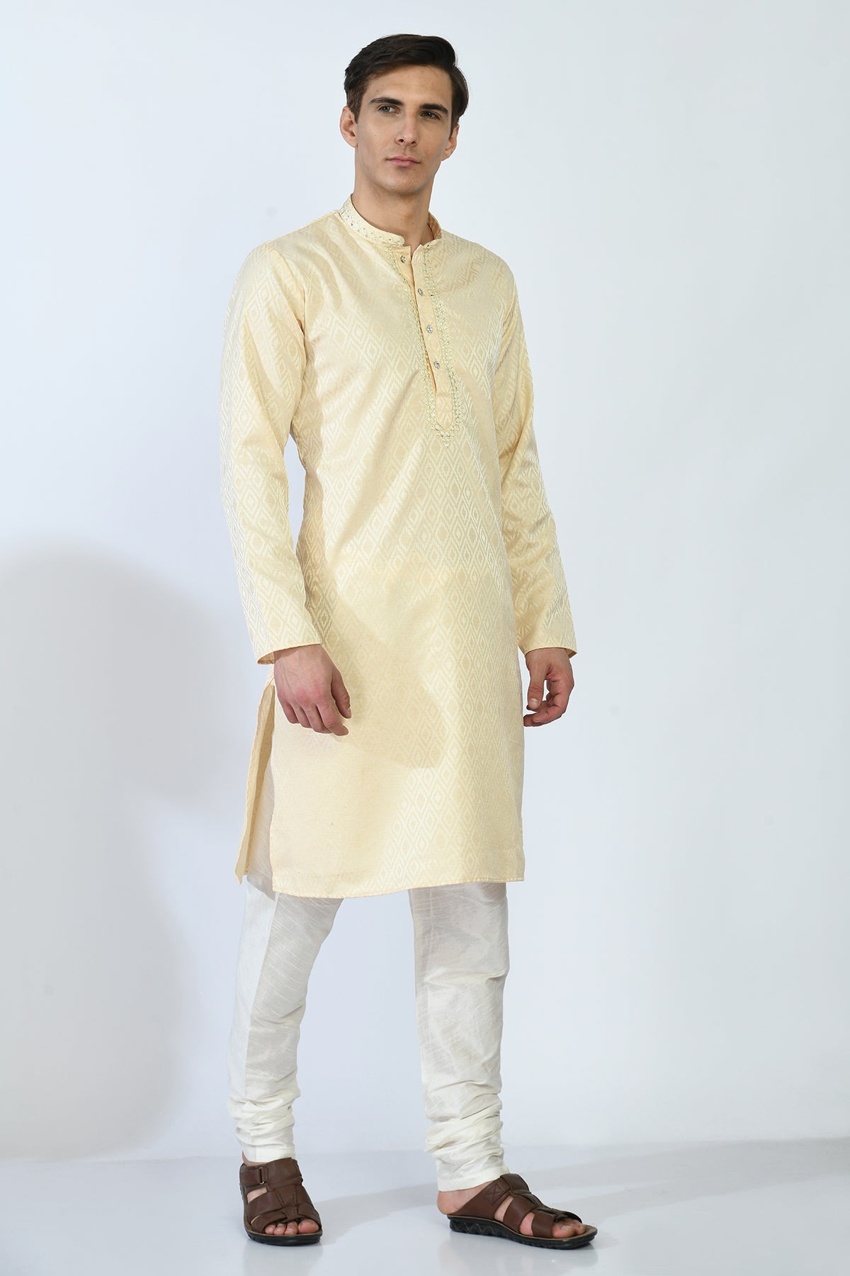 Beige and Gold-Toned Mirror Work Kurta Set