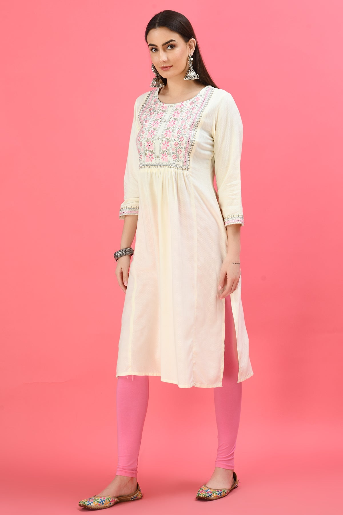 Off White Yoke Embroidered Kurta
