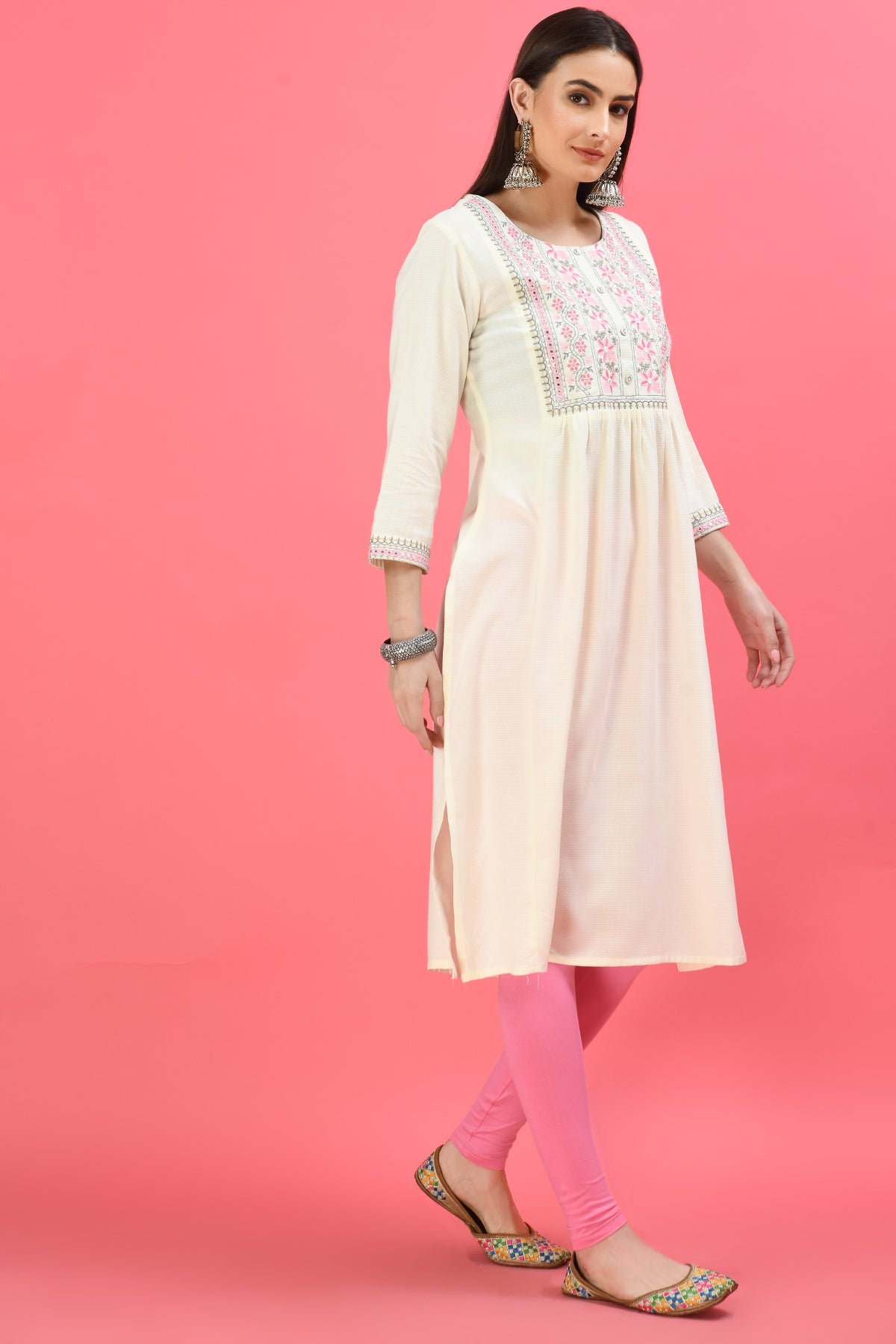 Off White Yoke Embroidered Kurta