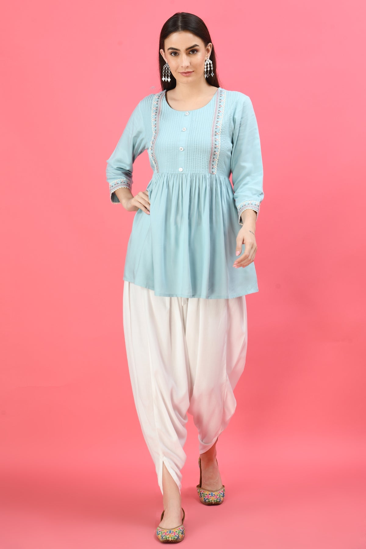 Turquoise Blue Floral Embroidered Top