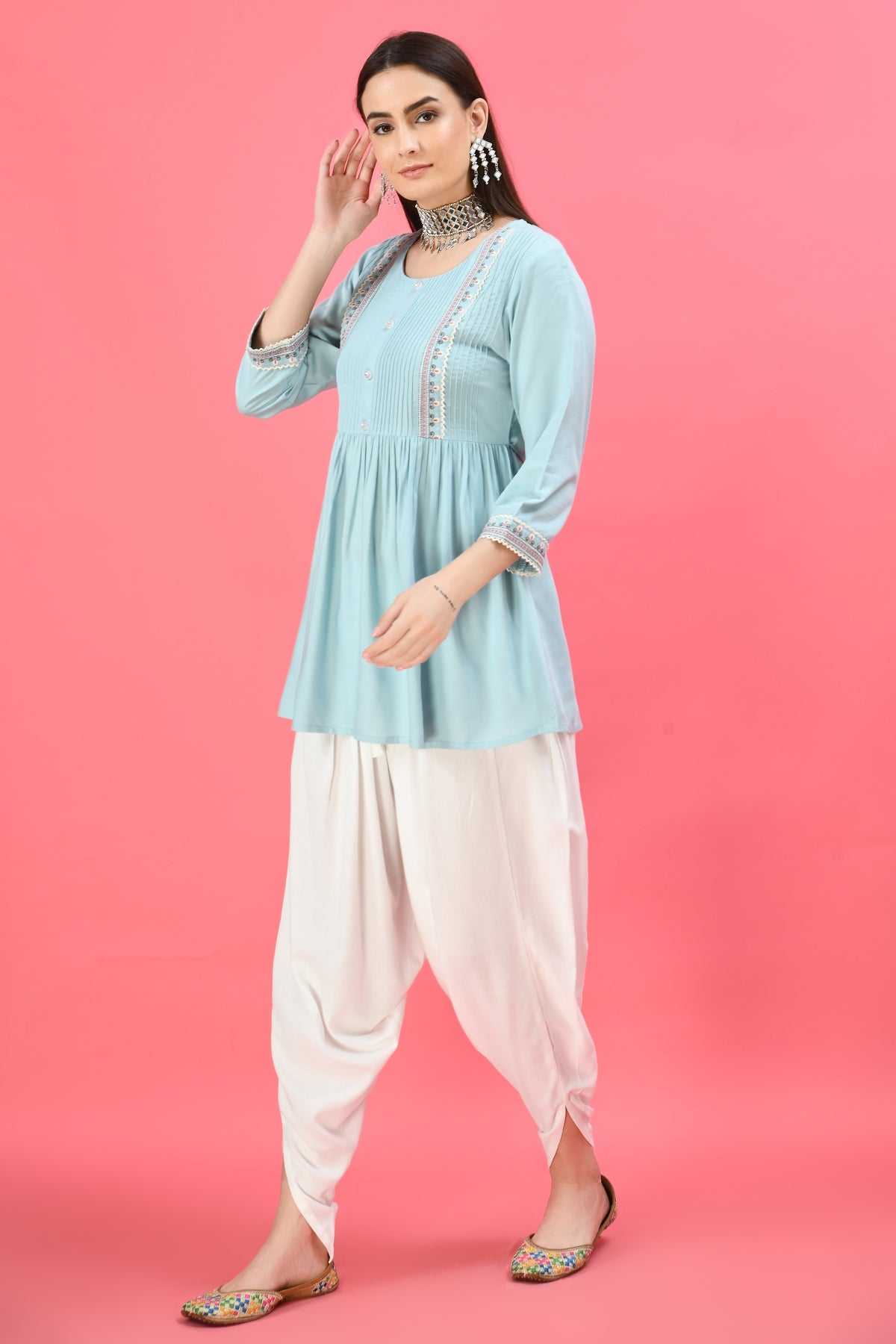 Turquoise Blue Floral Embroidered Top