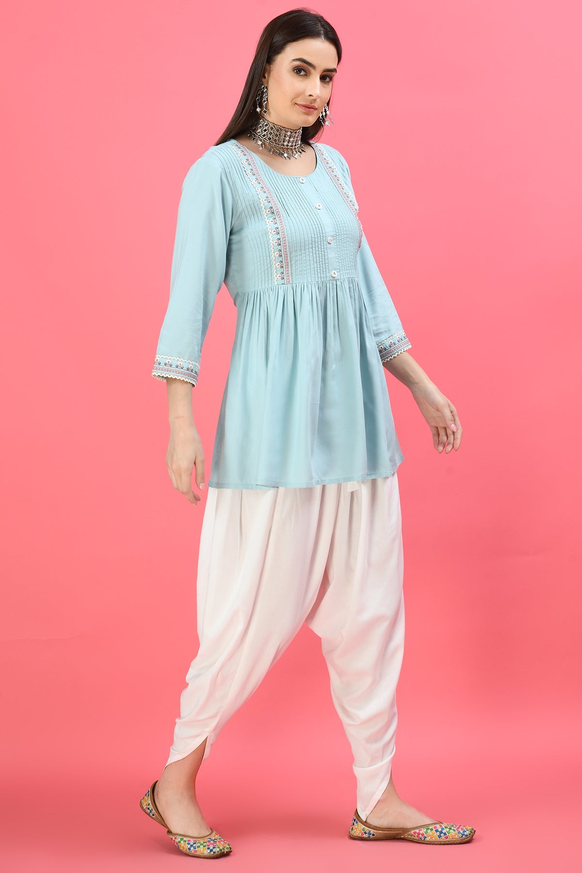 Turquoise Blue Floral Embroidered Top