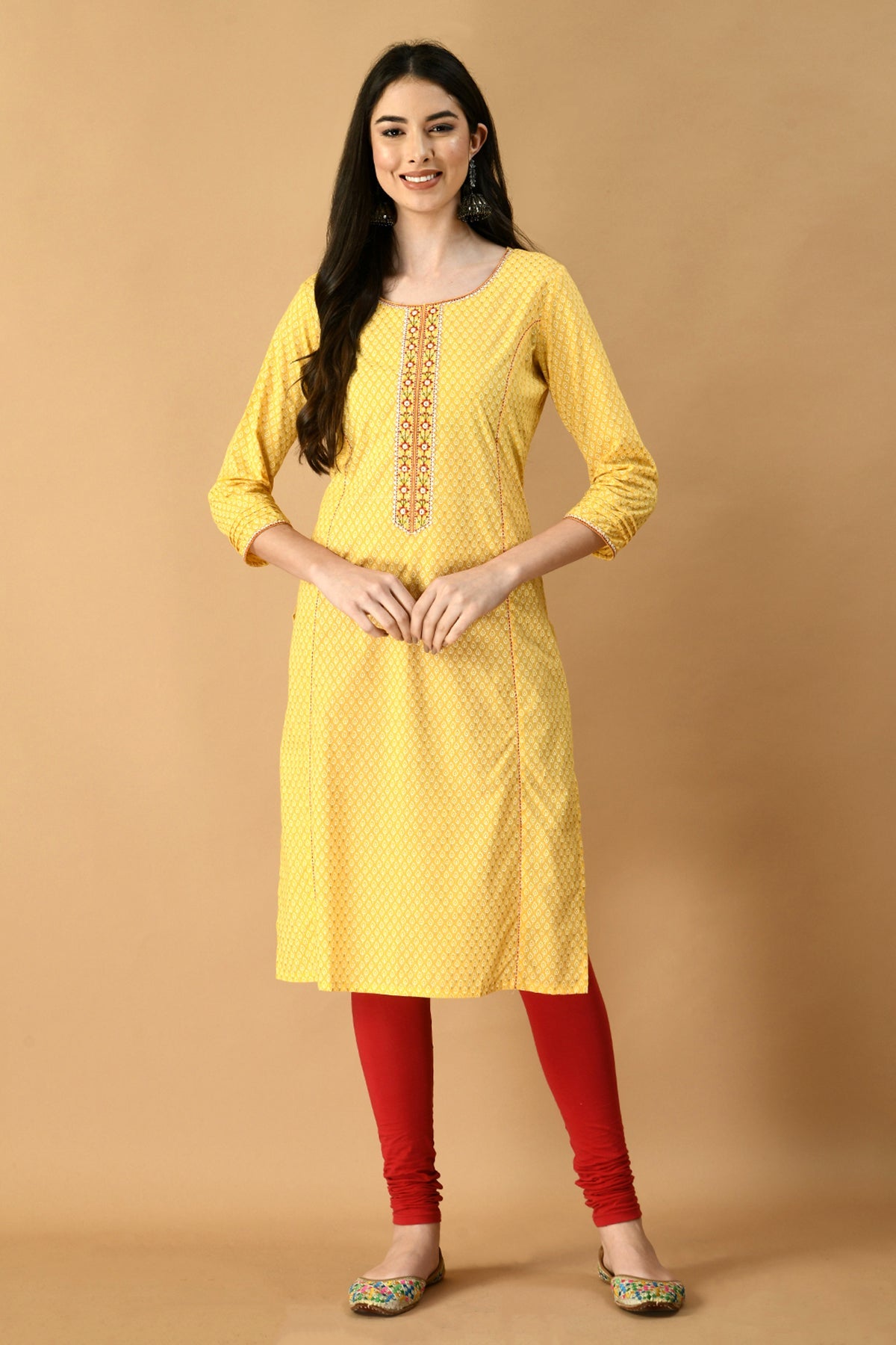 Yellow and White Printed Embroidered Kurta