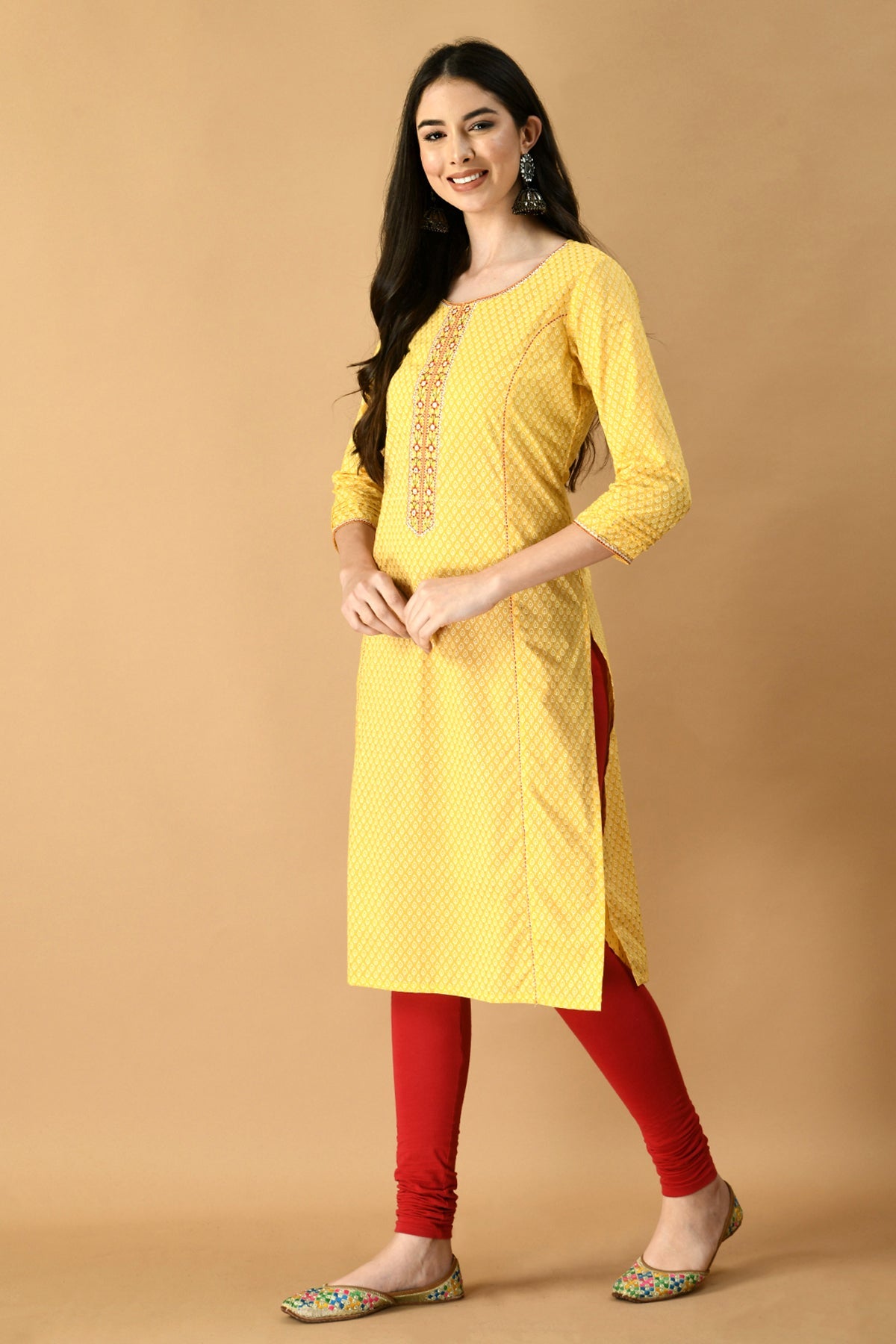 Yellow and White Printed Embroidered Kurta