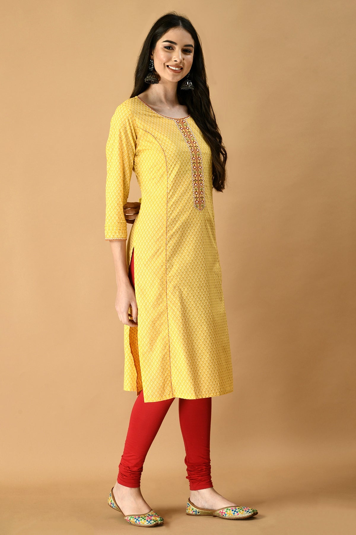 Yellow and White Printed Embroidered Kurta