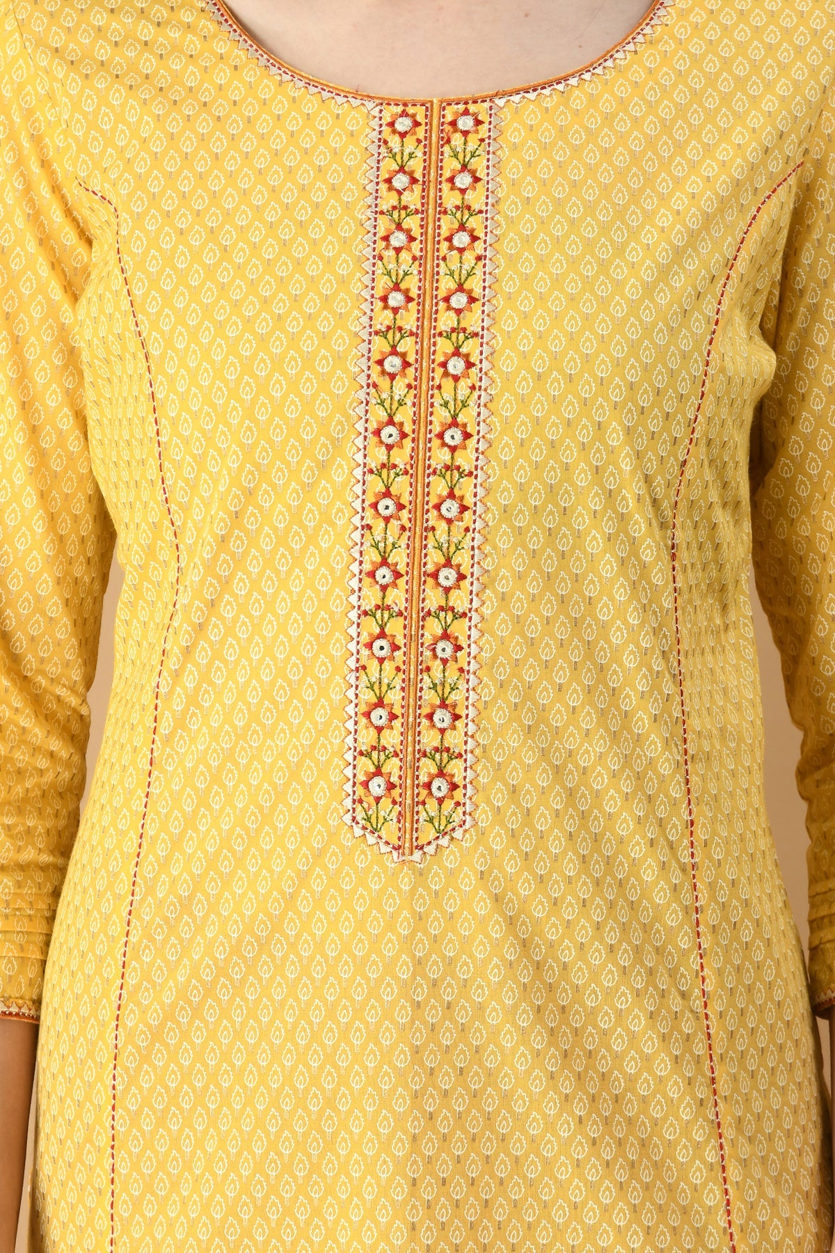 Yellow and White Printed Embroidered Kurta