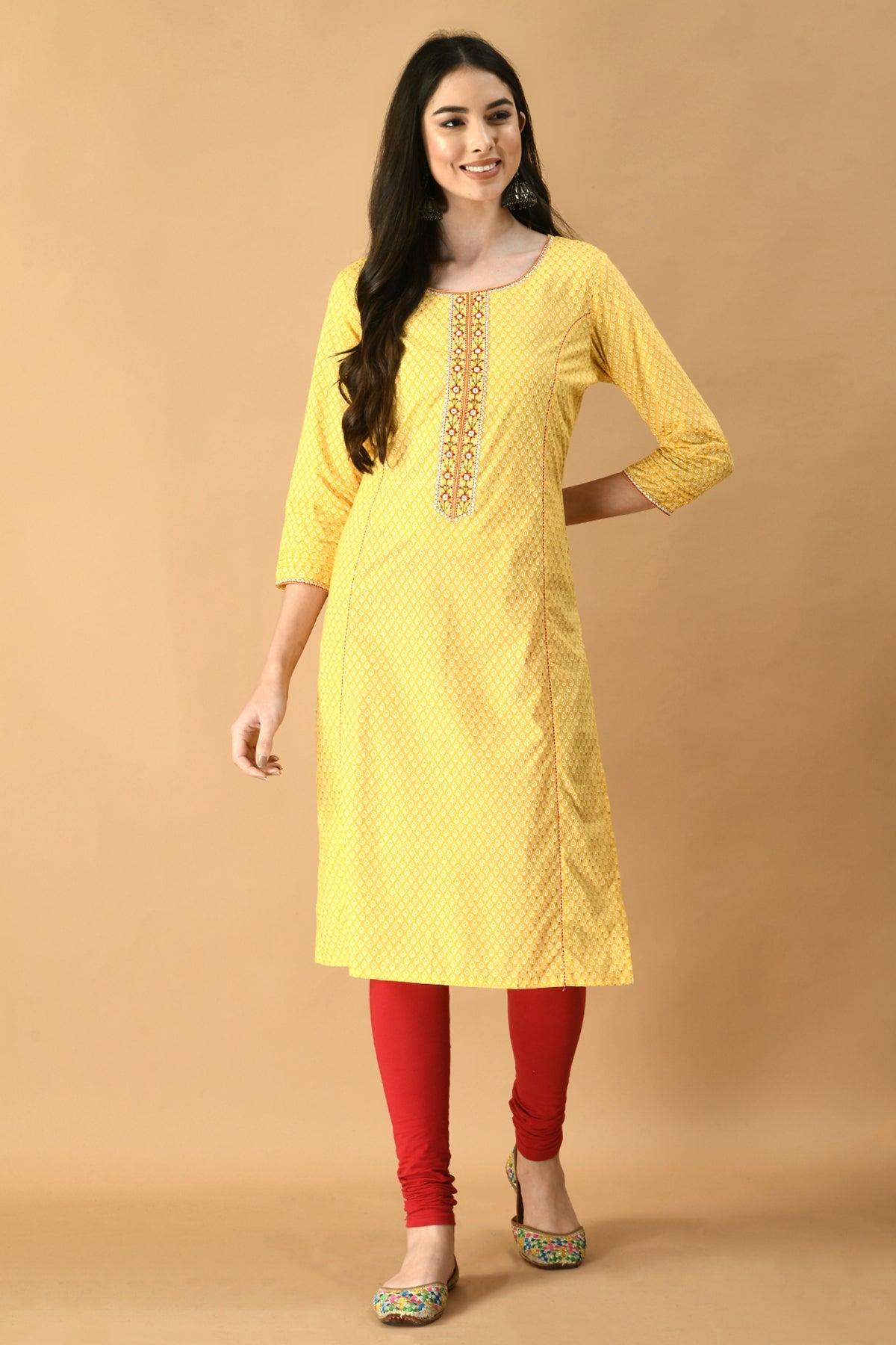 Yellow and White Printed Embroidered Kurta