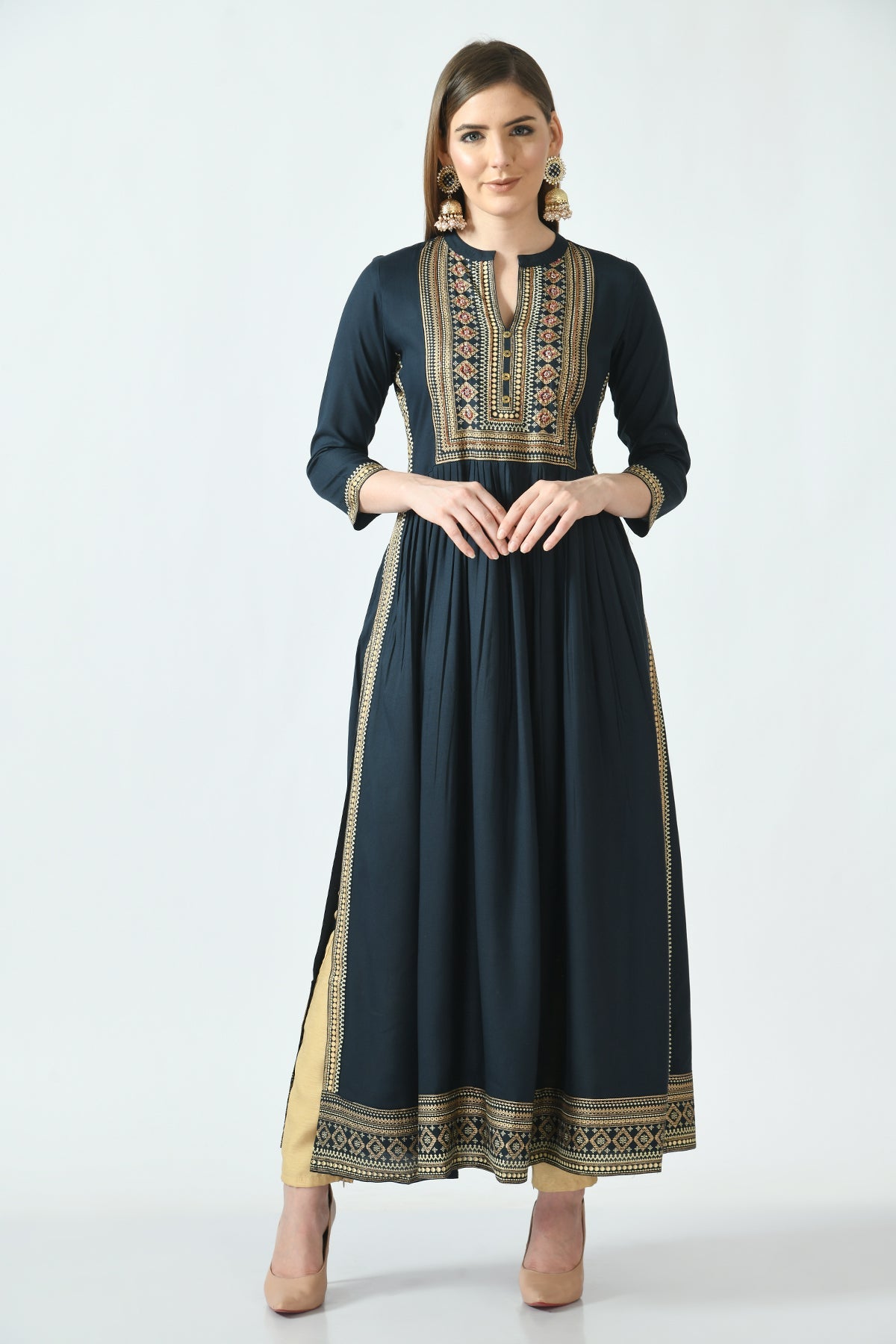 Teal Printed and Yoke Embroidered Dress