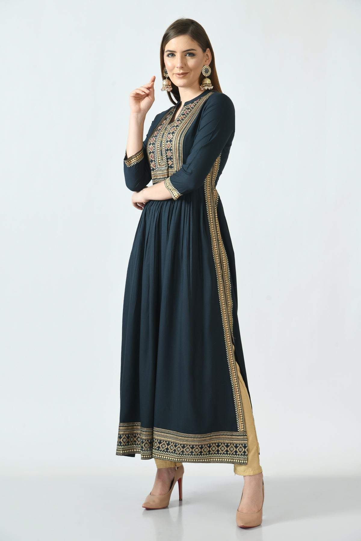 Teal Printed and Yoke Embroidered Dress