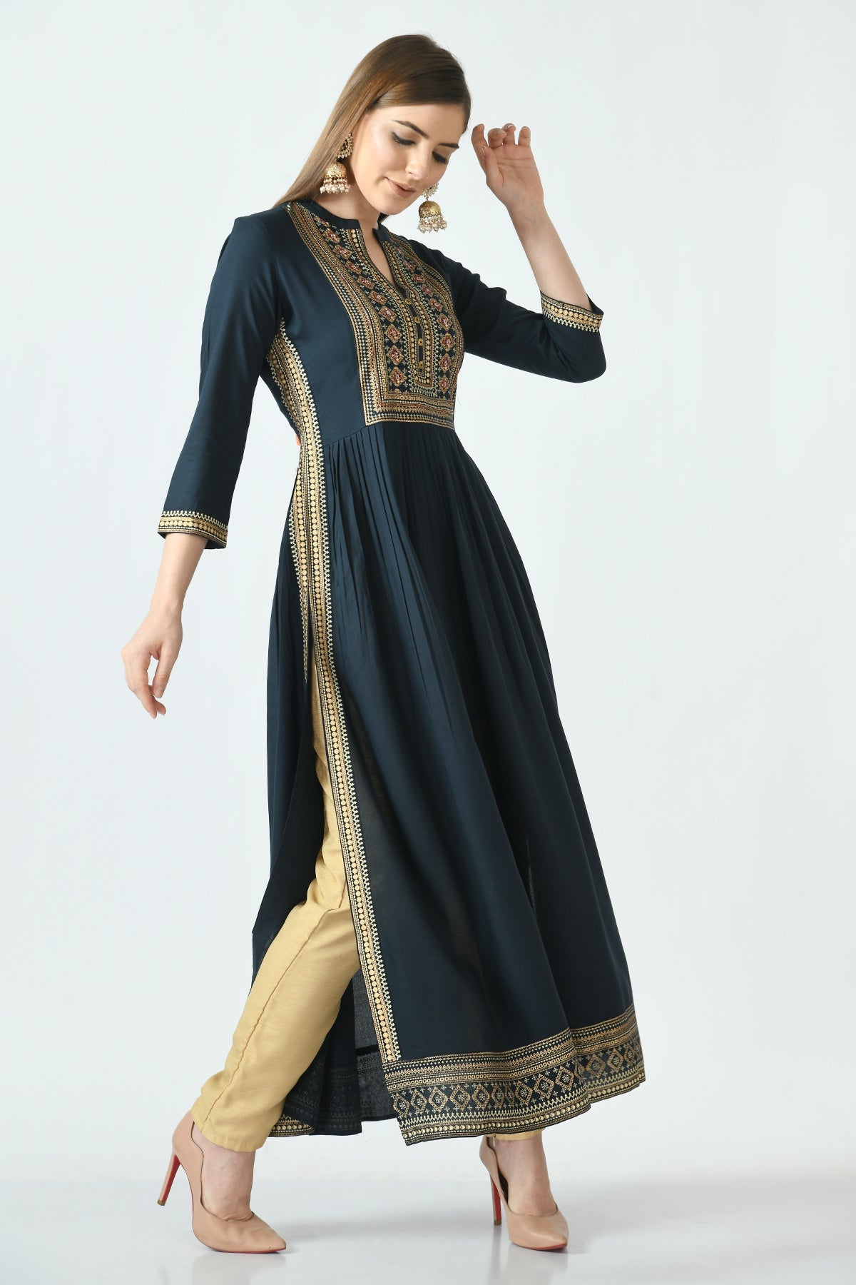 Teal Printed and Yoke Embroidered Dress