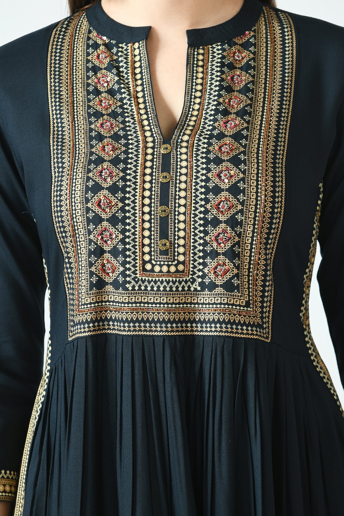 Teal Printed and Yoke Embroidered Dress