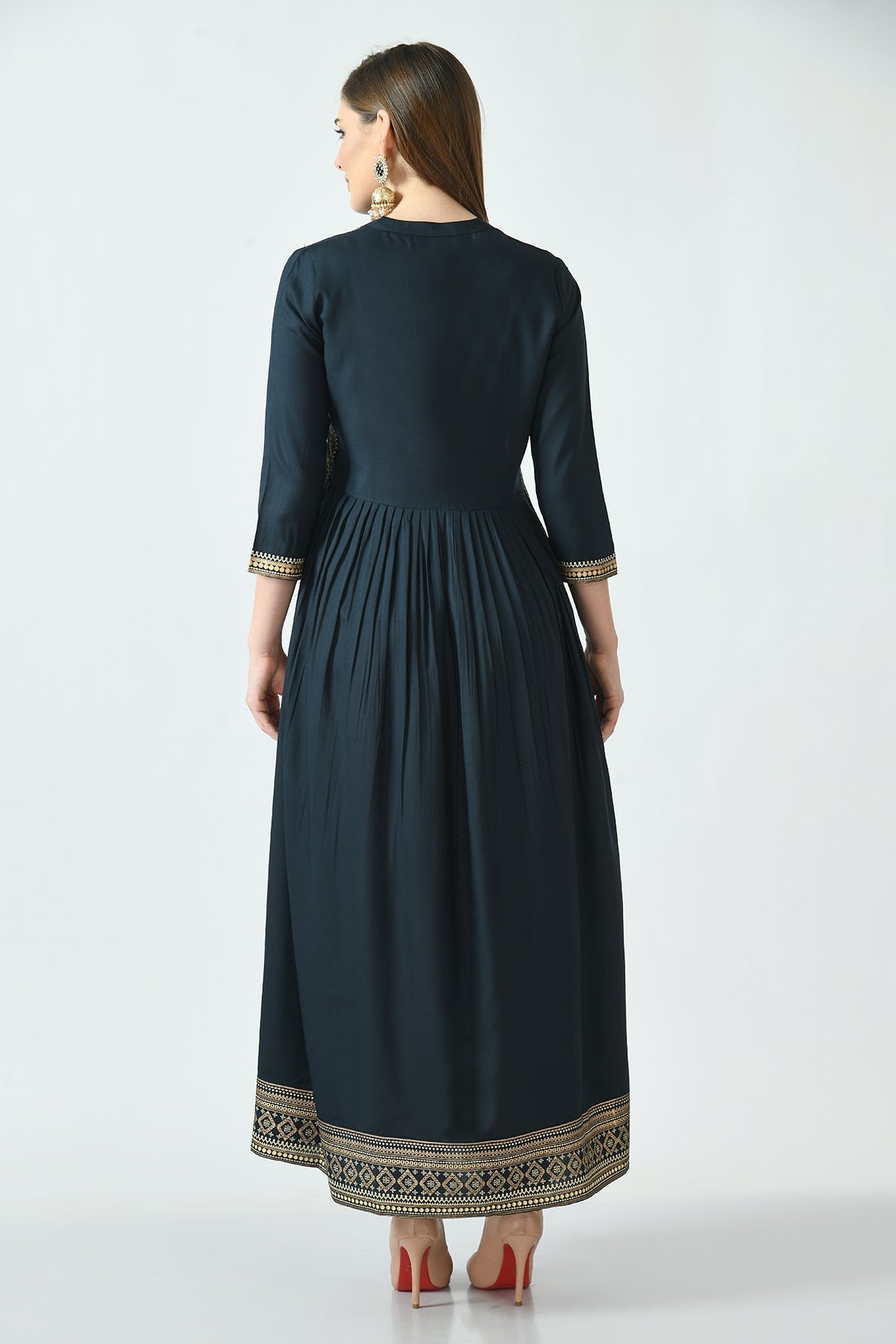 Teal Printed and Yoke Embroidered Dress