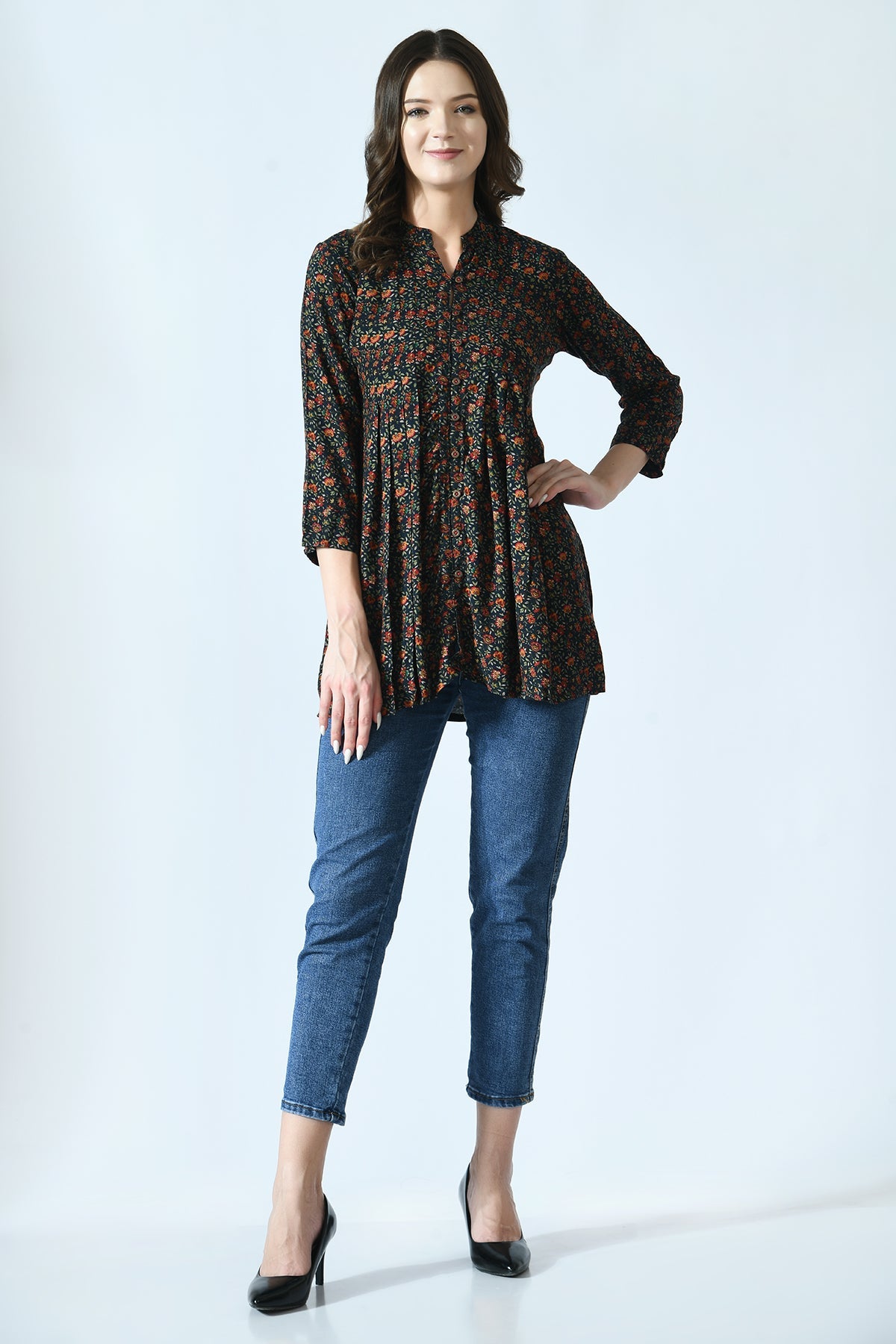 Multi Ethnic Printed Pleated A Line Top