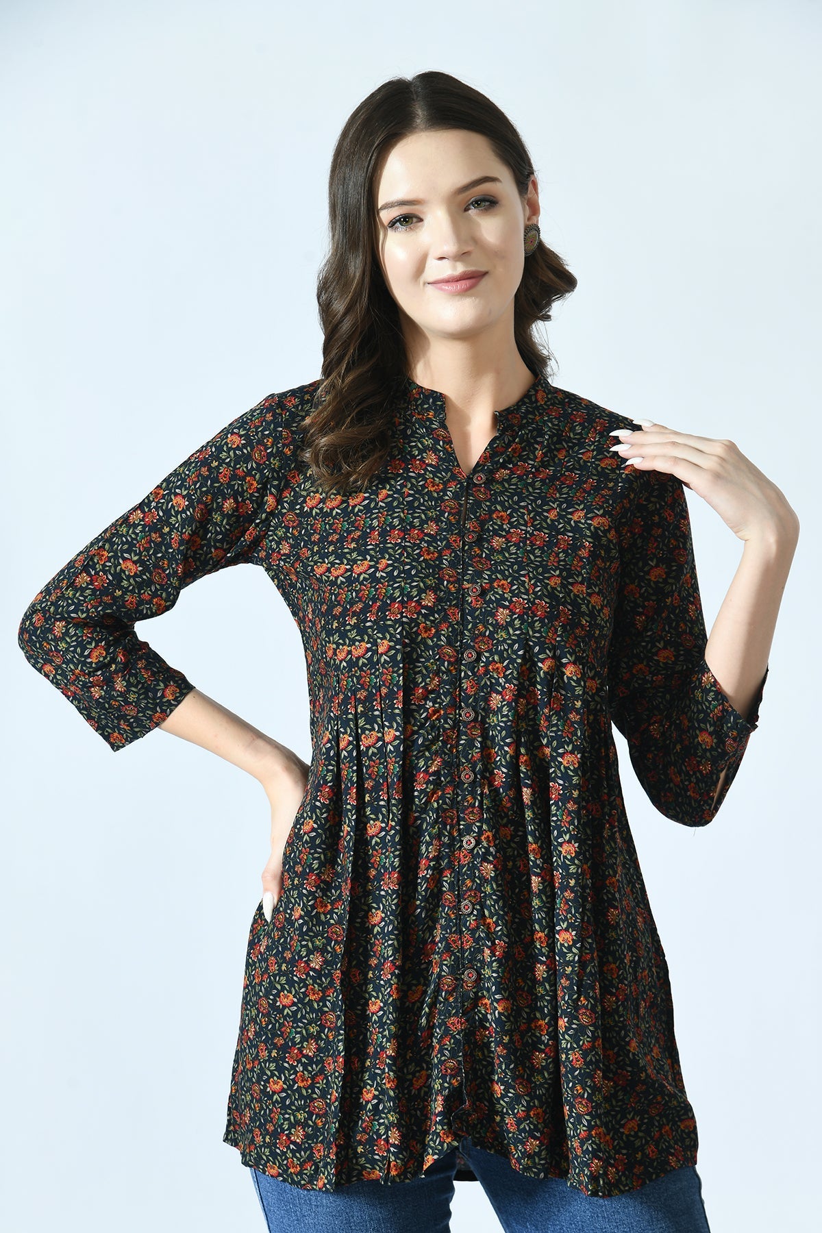 Multi Ethnic Printed Pleated A Line Top
