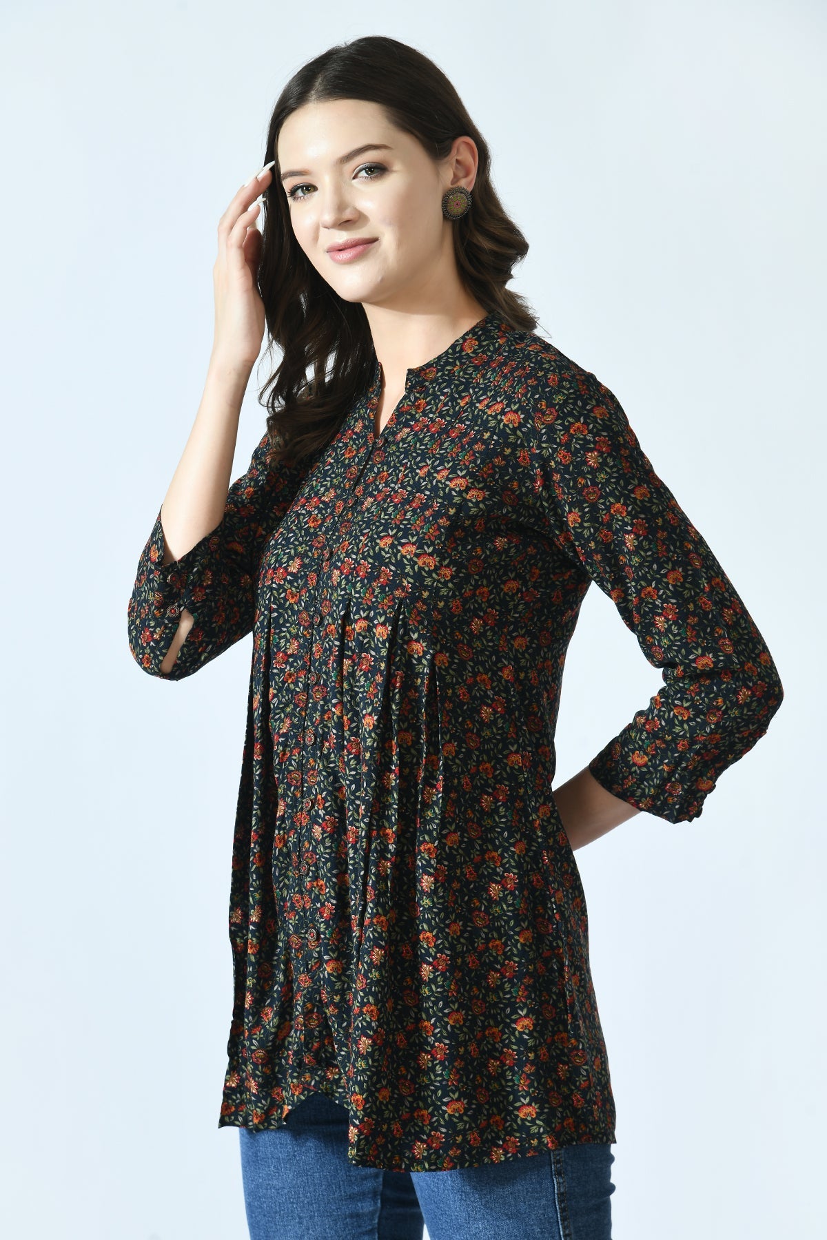 Multi Ethnic Printed Pleated A Line Top