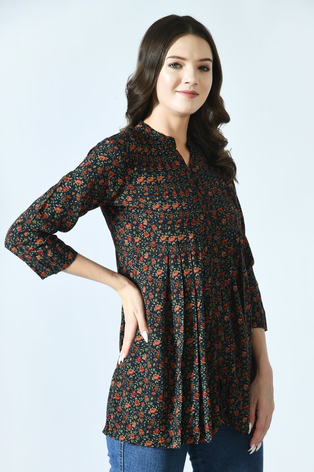 Multi Ethnic Printed Pleated A Line Top