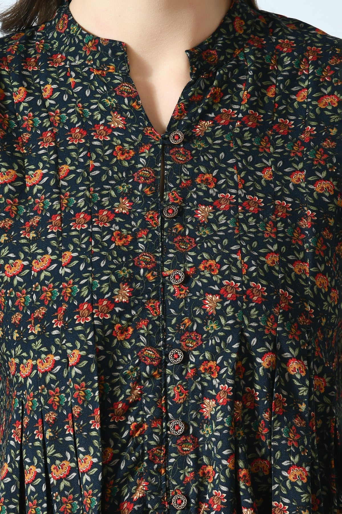 Multi Ethnic Printed Pleated A Line Top