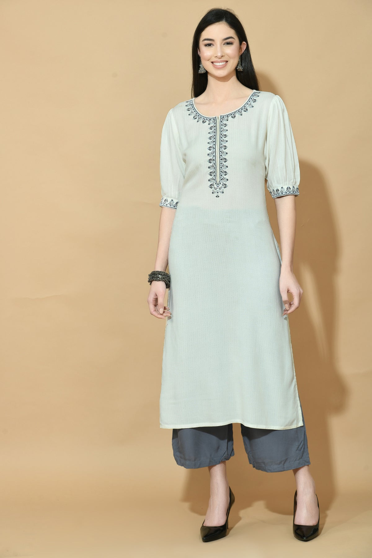 Off White and Grey Yoke Embroidered Kurta with Dupatta