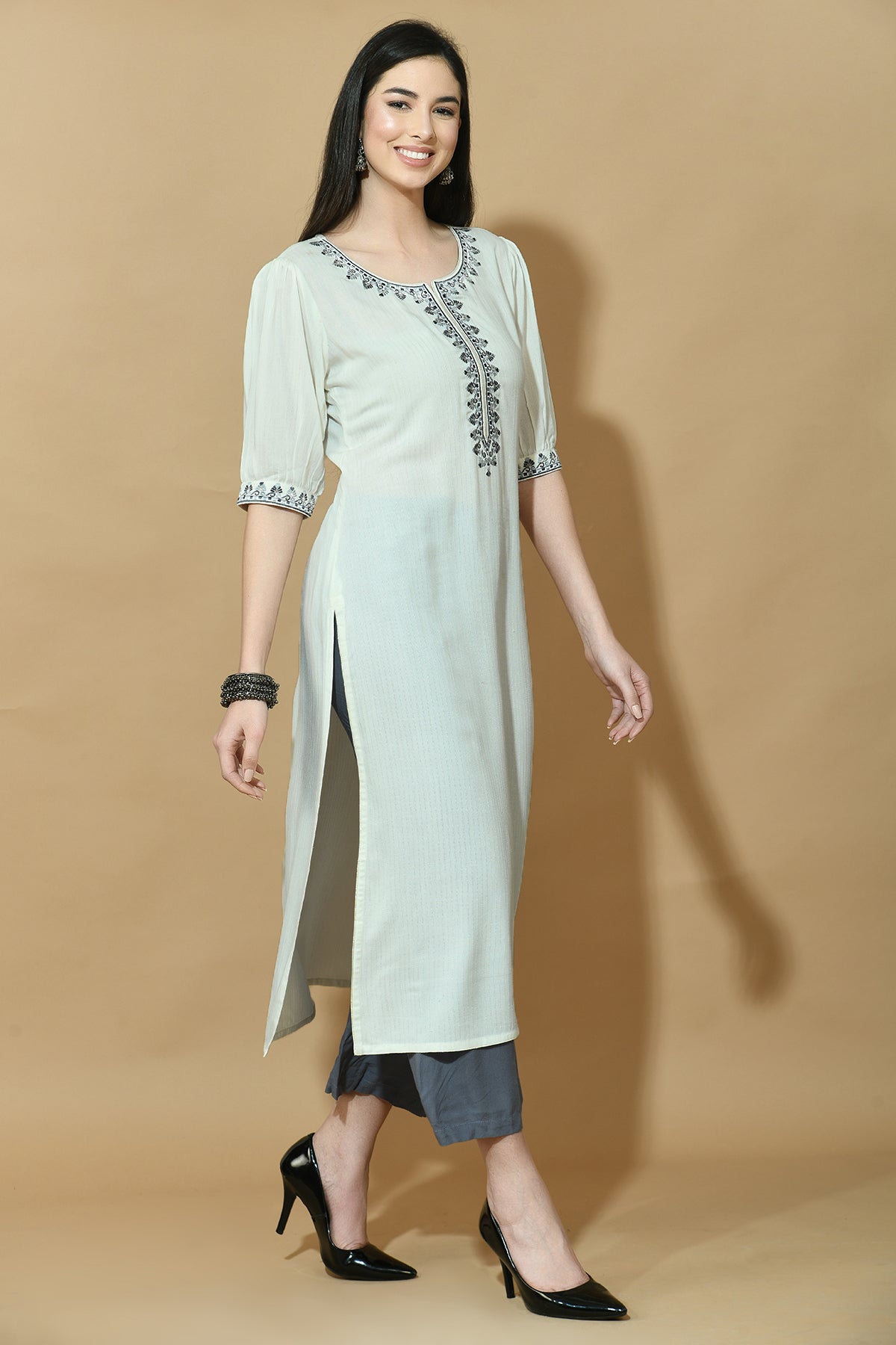 Off White and Grey Yoke Embroidered Kurta with Dupatta