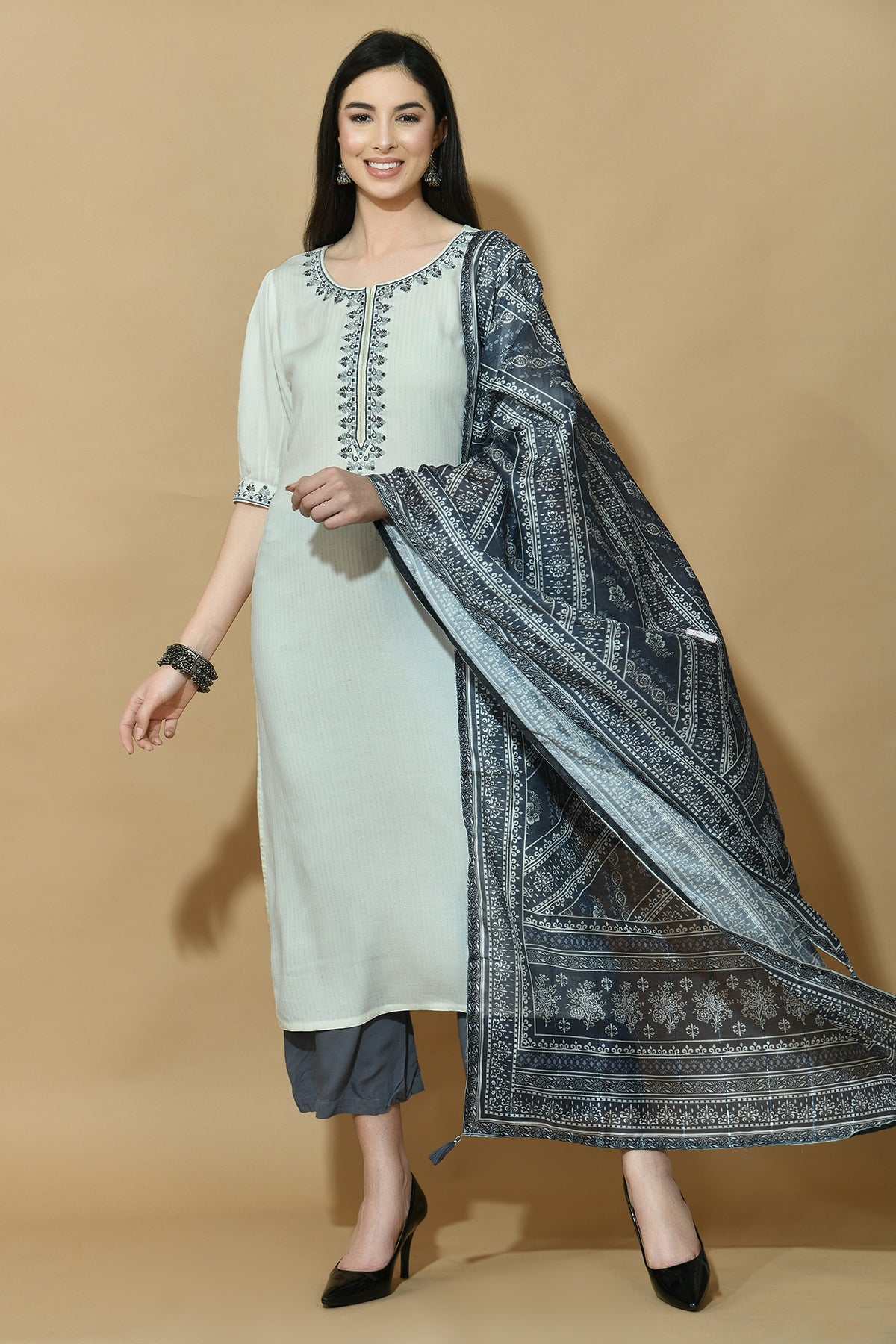 Off White and Grey Yoke Embroidered Kurta with Dupatta