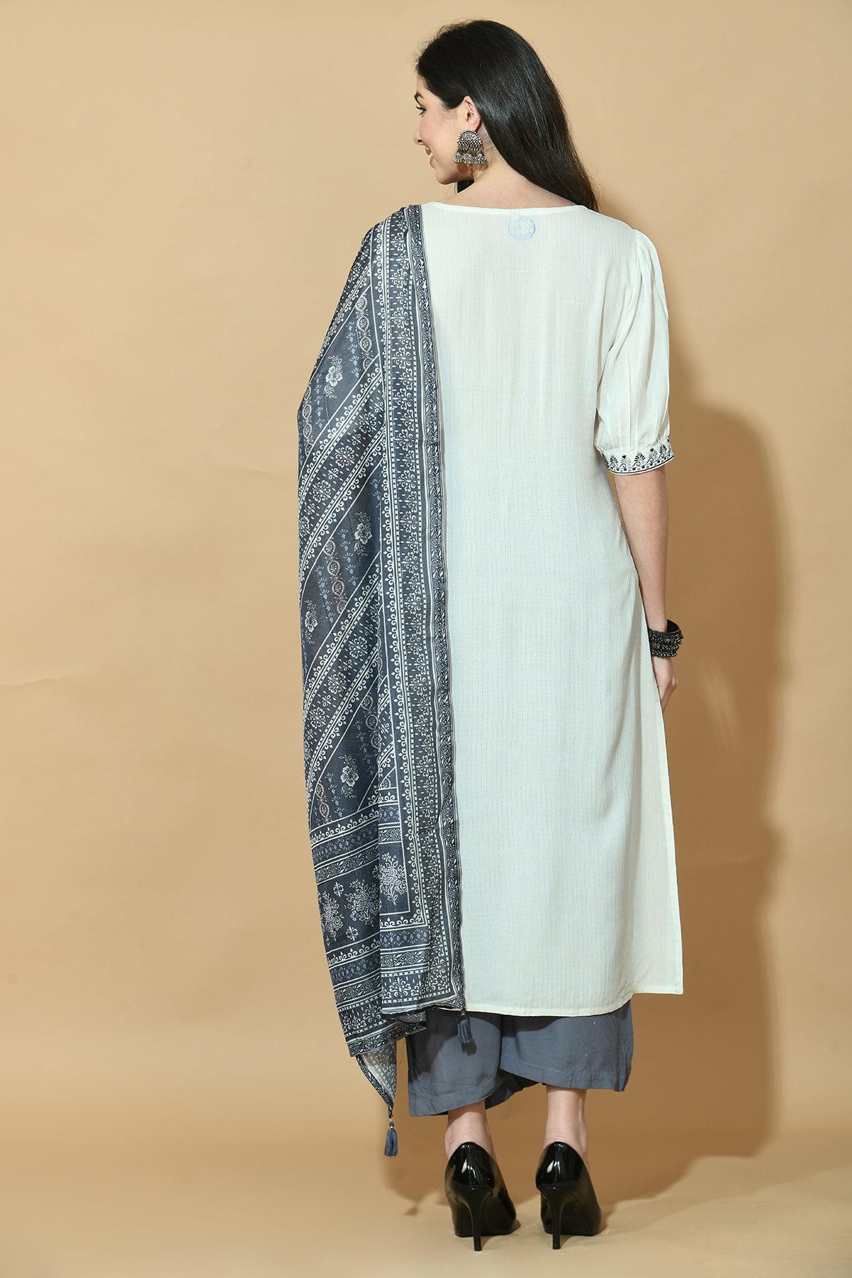 Off White and Grey Yoke Embroidered Kurta with Dupatta