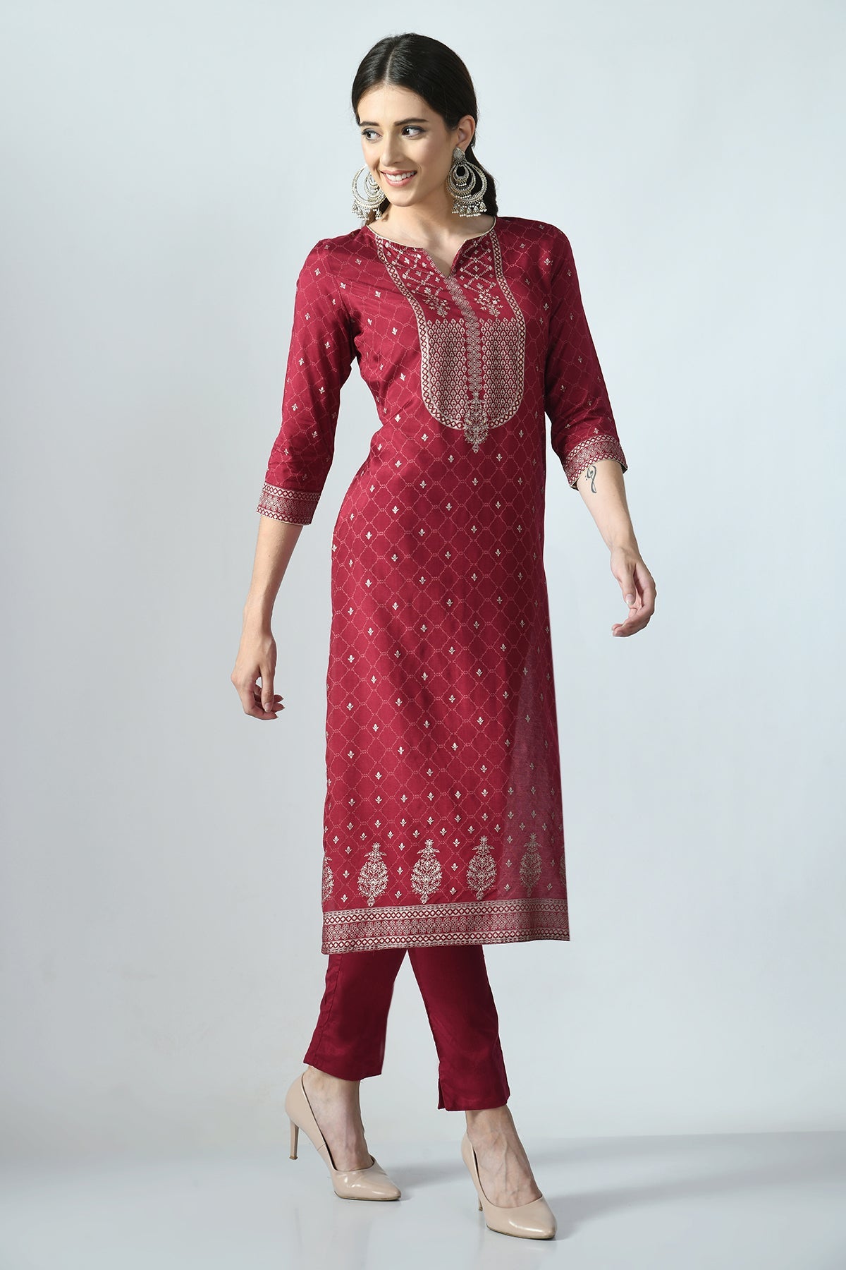 Wine Printed and Sequined Kurta Set