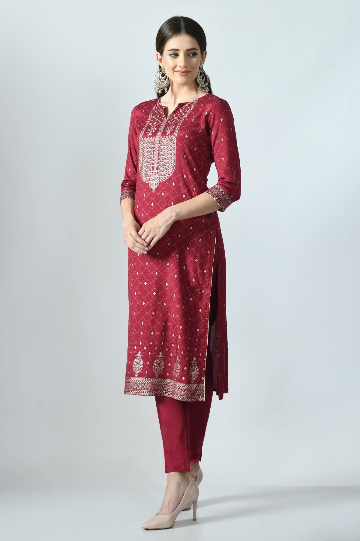 Wine Printed and Sequined Kurta Set