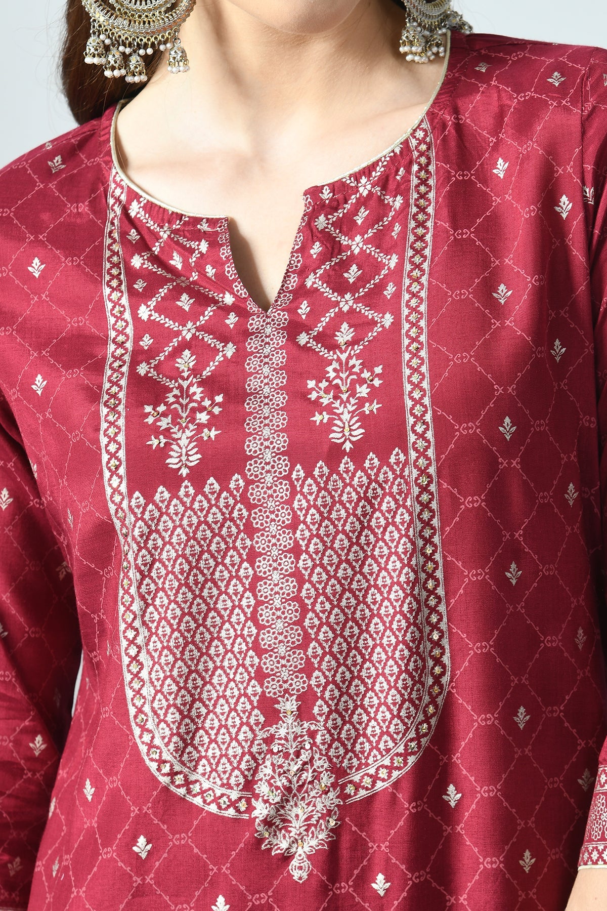 Wine Printed and Sequined Kurta Set