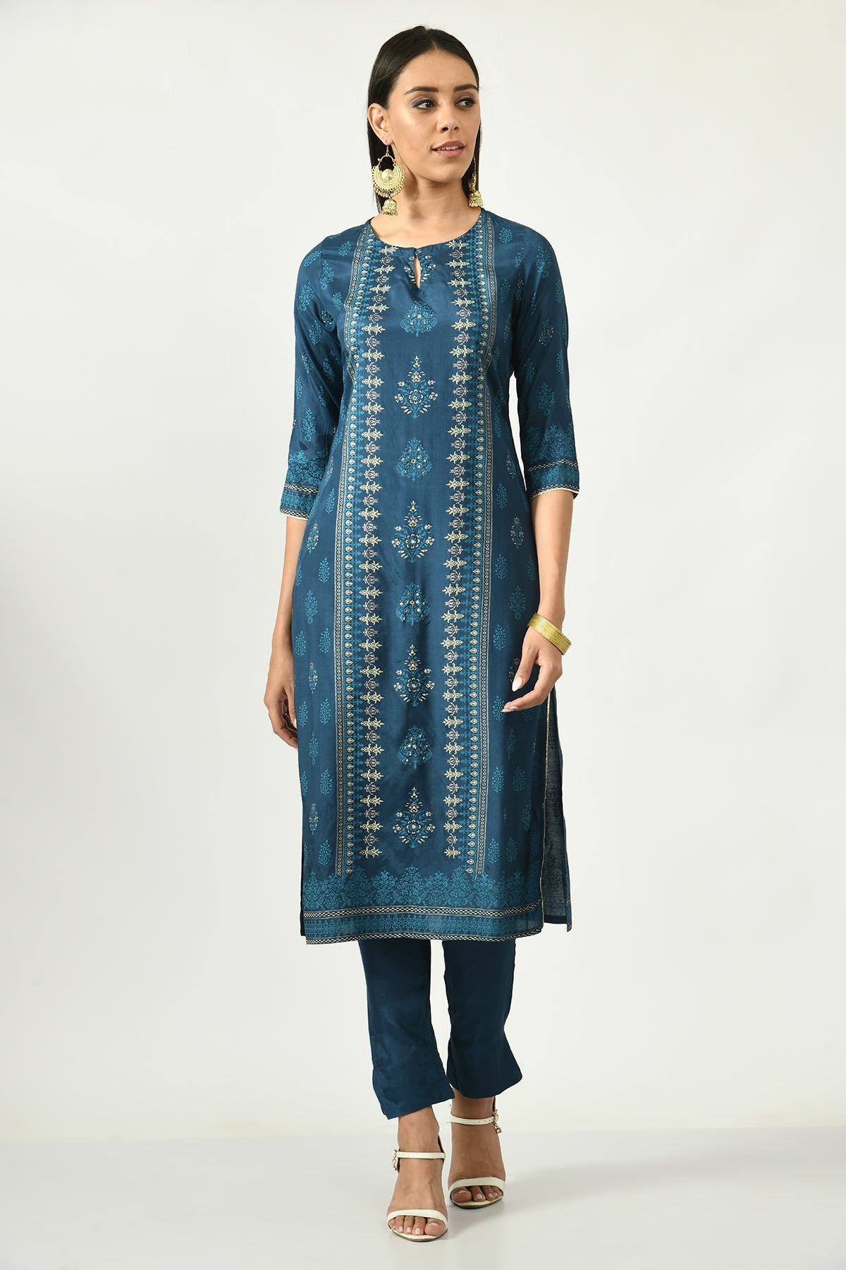 Teal Blue Printed Kurta Set