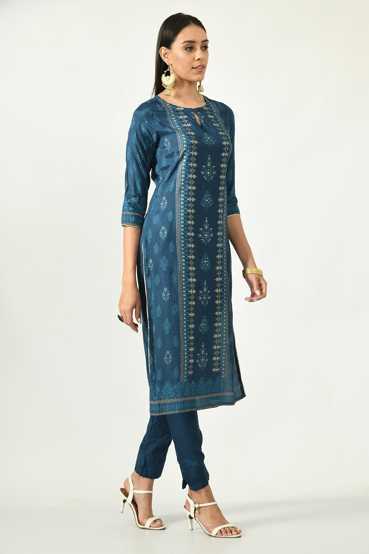 Teal Blue Printed Kurta Set
