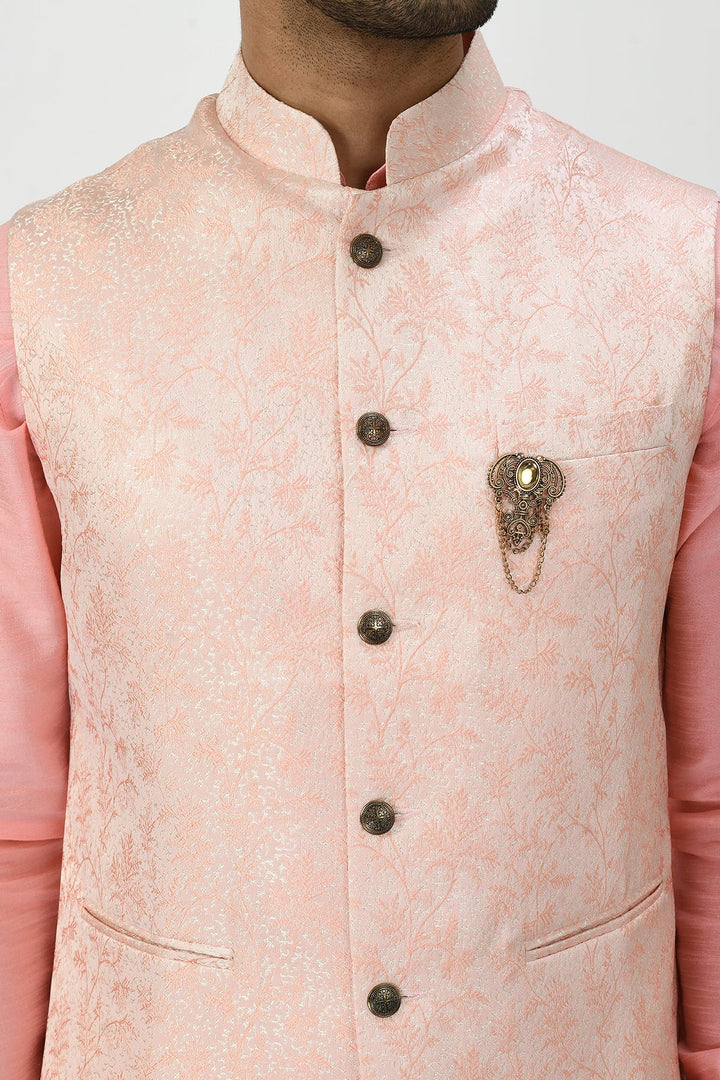 Peach Coloured Kurta Set and Woven Nehru Jacket