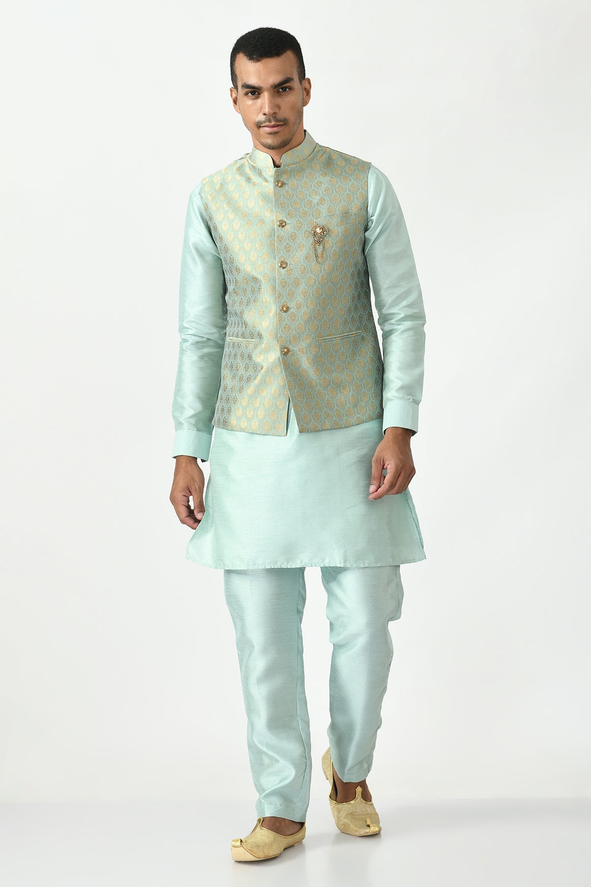 Green Kurta with Pajama and Nehru Jacket